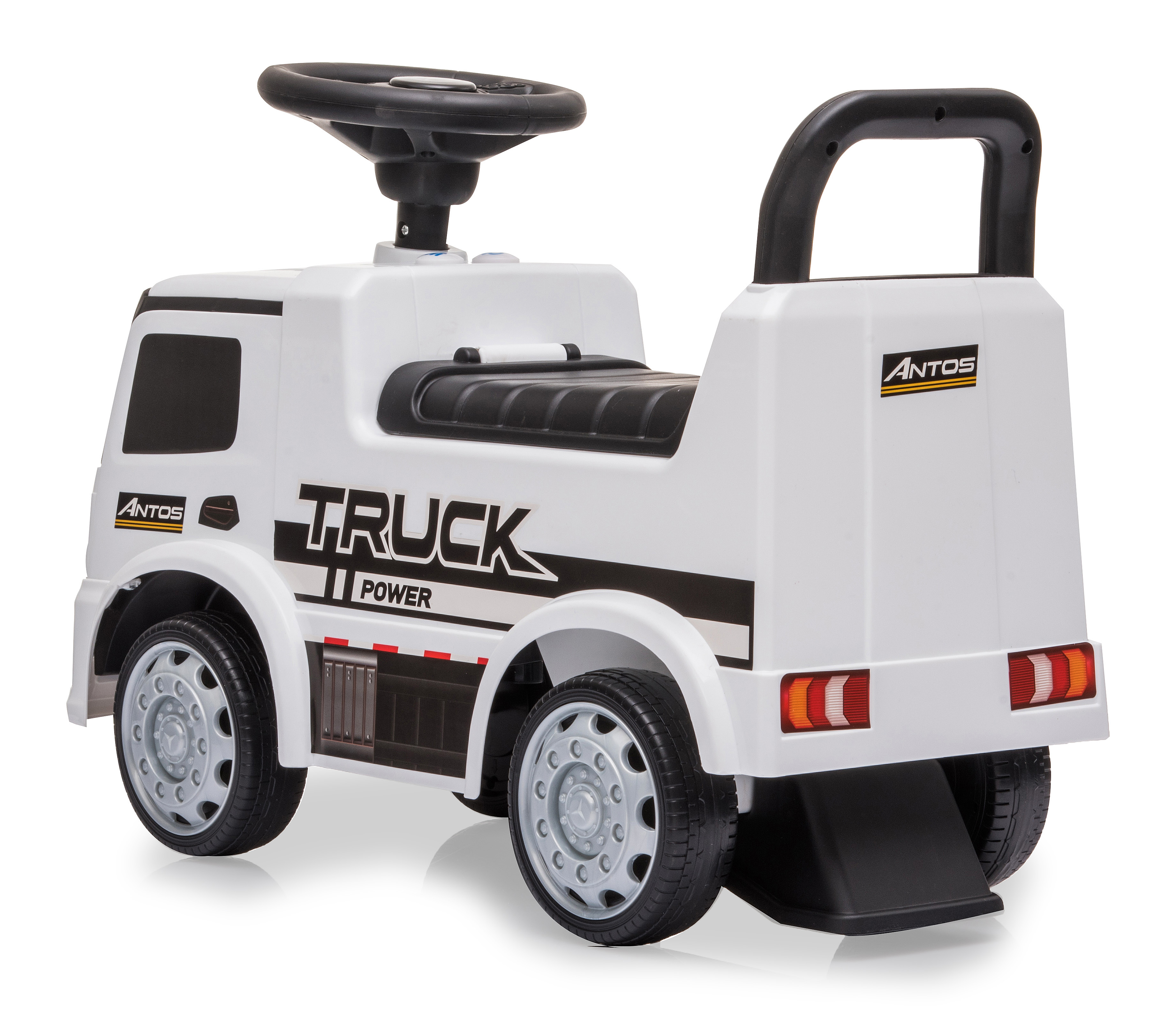 Biała zabawka ciężarówka z czarnymi akcentami. Ma kierownicę, uchwyt i napis 'TRUCK POWER' z boku.