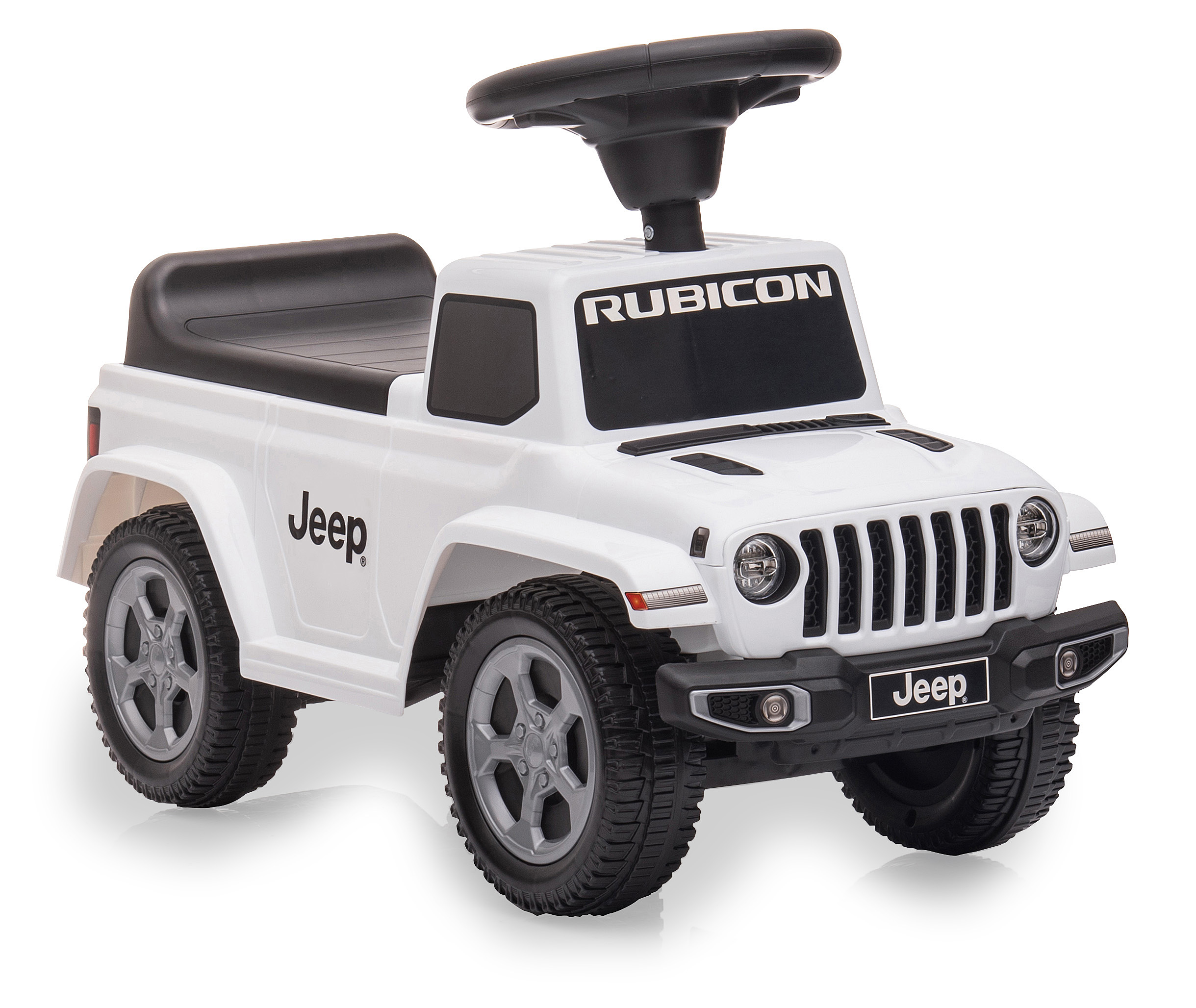 Ein weißes Jeep-Spielzeugauto mit schwarzen Akzenten. Es hat Räder, ein Lenkrad und das Wort 'Rubicon' oben.