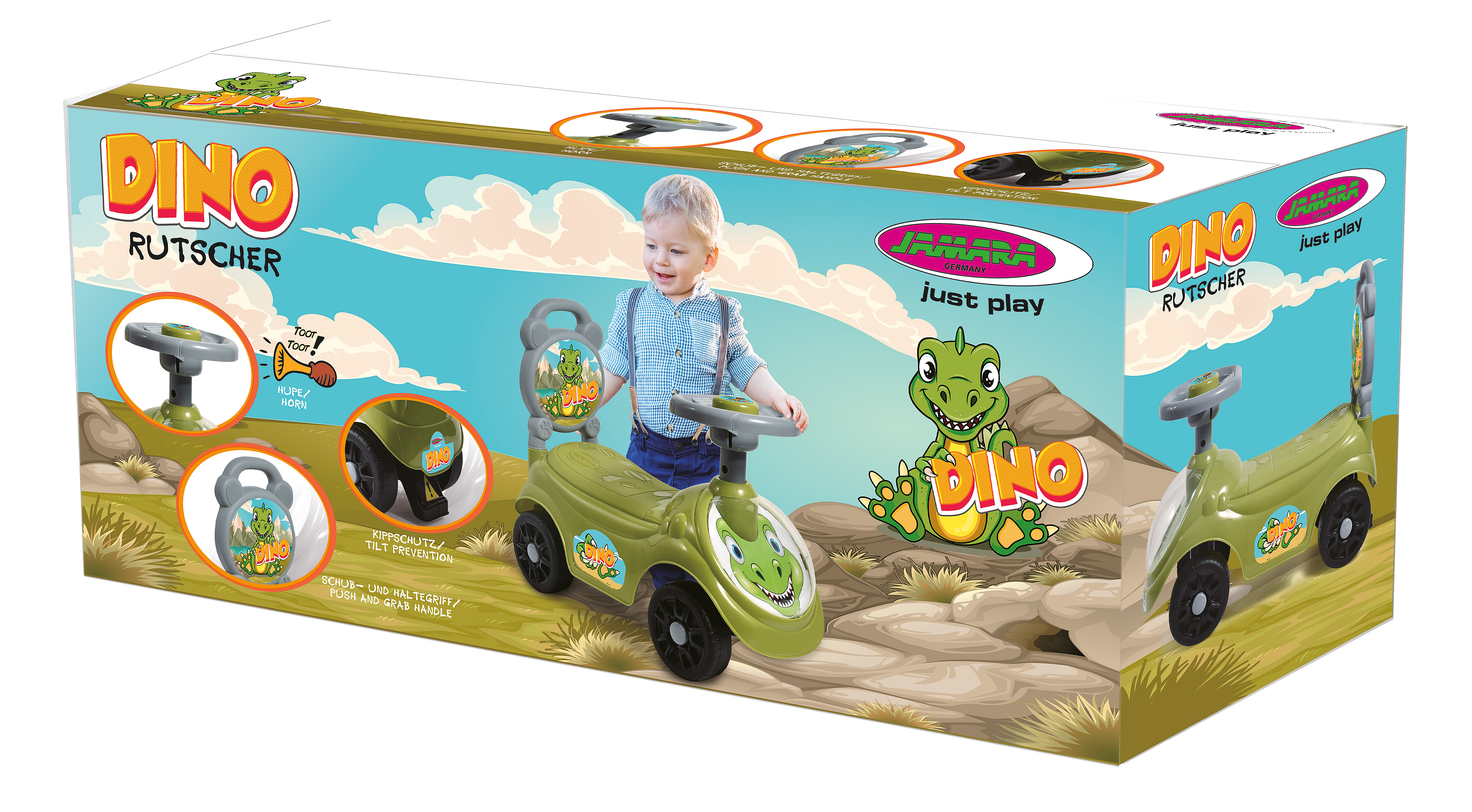 Kiste mit Spielzeugauto und Kind. Das Auto ist grün mit Dinosaurier-Design. Kind lächelt.