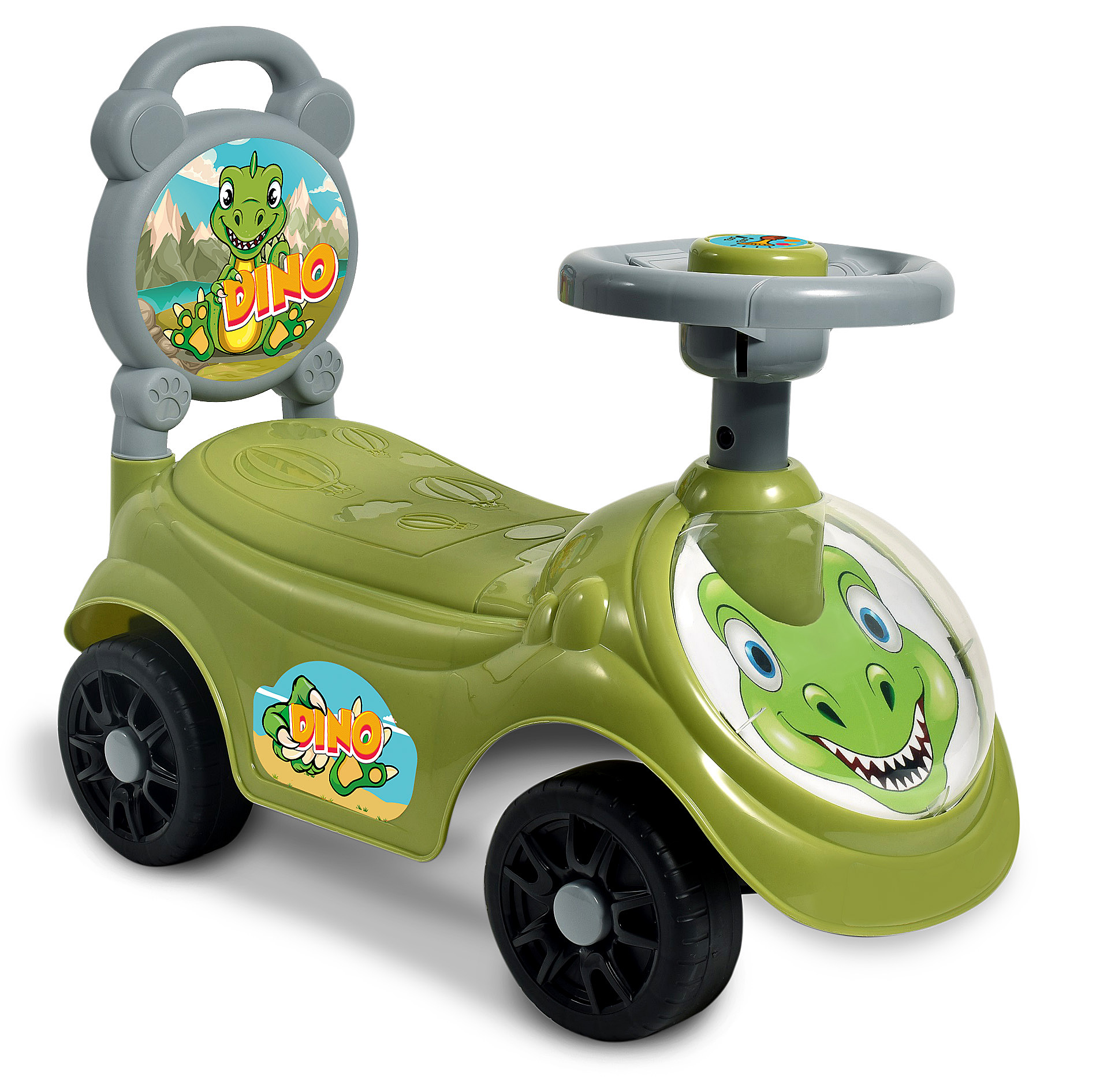 Grünes Spielzeugauto mit Dinosaurier-Motiv, schwarzen Rädern, Lenkrad und Griff auf weißem Hintergrund.
