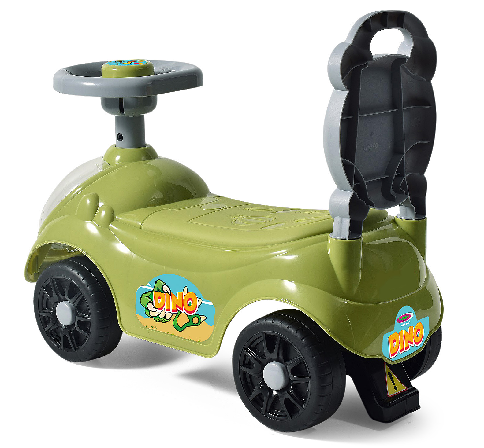 Ein grünes Spielzeugauto mit Lenkrad und Griff. Es hat schwarze Räder und einen Dino-Aufkleber.