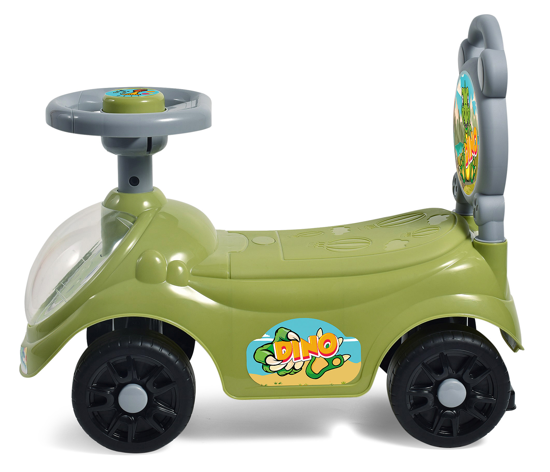 Grünes Dino-Spielzeugauto mit schwarzen Rädern, grauem Lenkrad und einem Dino-Aufkleber an der Seite.