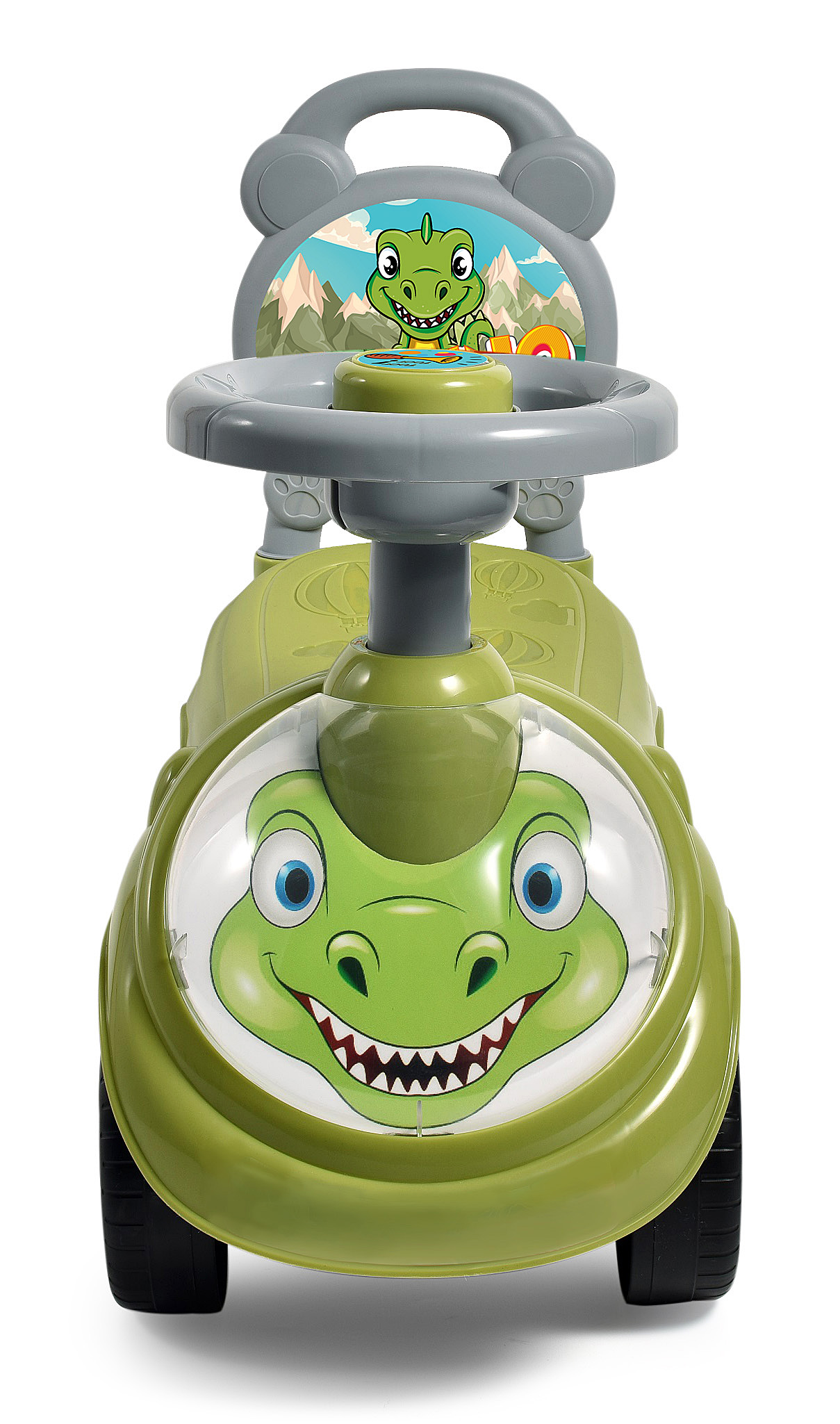 Ein grünes Spielzeugauto mit einem Dinosauriergesicht auf der Vorderseite. Es hat ein Lenkrad und einen Griff. Der Hintergrund ist weiß.