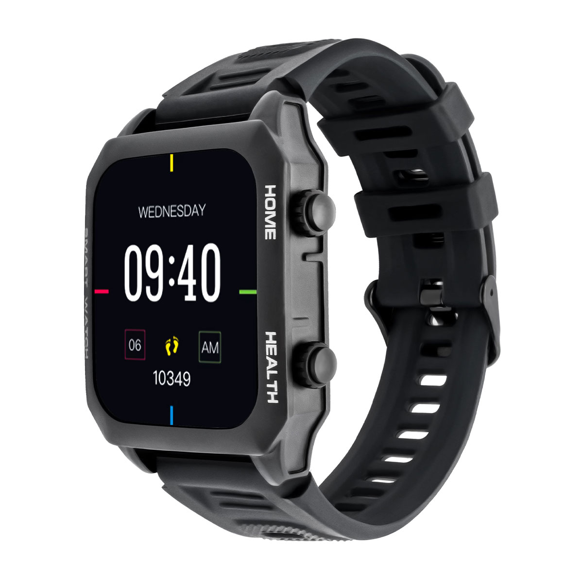 Czarny smartwatch pokazuje godzinę 09:40 w środę. Zegarek ma czarny pasek i przyciski z napisem 'HOME' i 'HEALTH'.