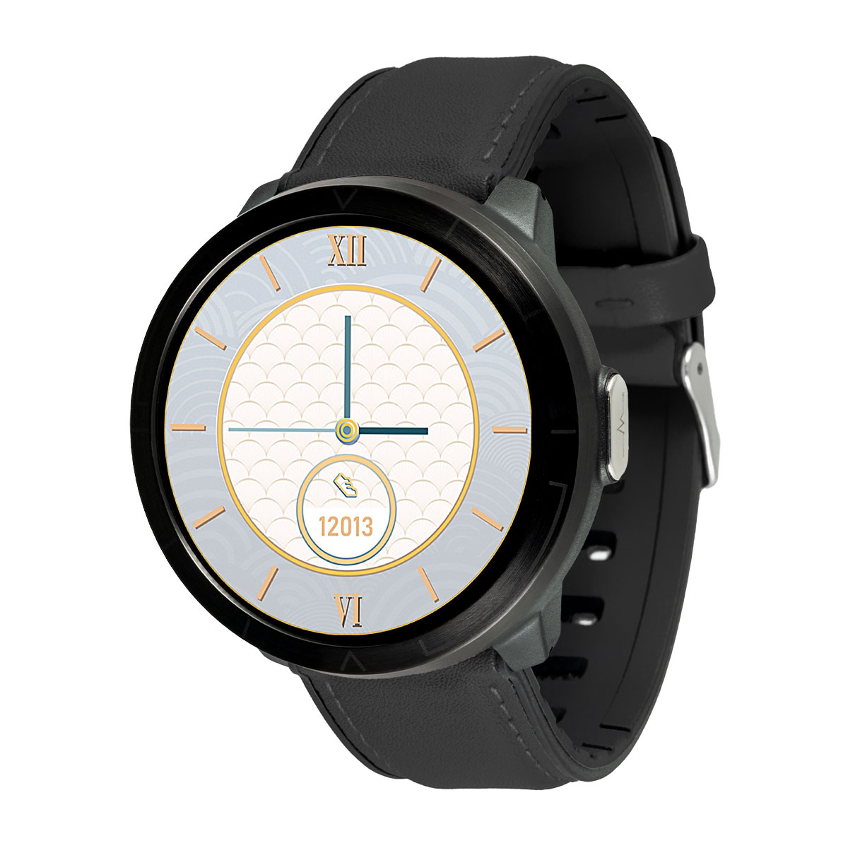 Okrągły smartwatch z czarnym paskiem. Tarcza zegarka wyświetla czas ze wzorem łusek w białych i złotych detalach.