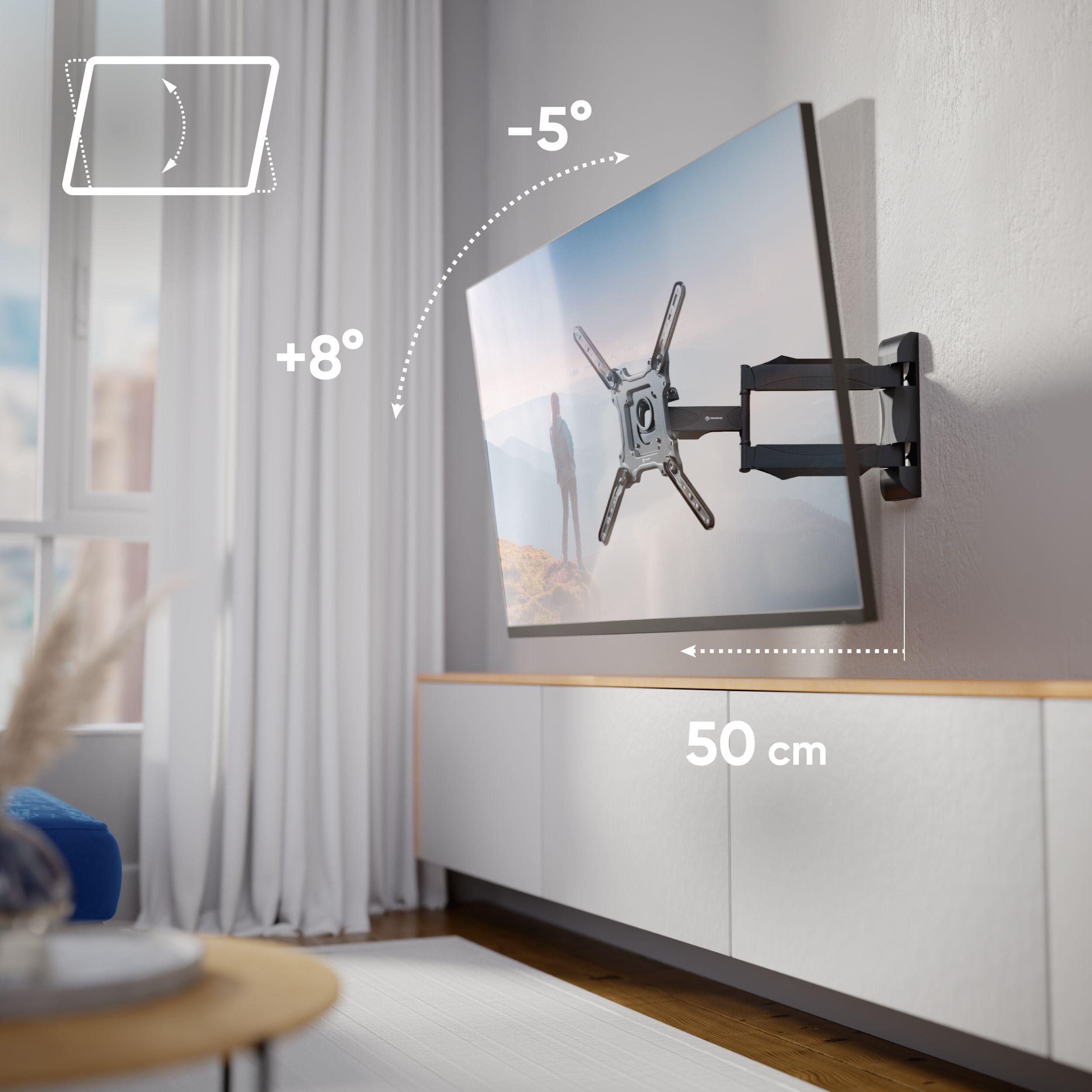 Telewizor zamontowany na ścianie z uchwytem, z wymiarami i stopniami. Szafka i okno w tle.