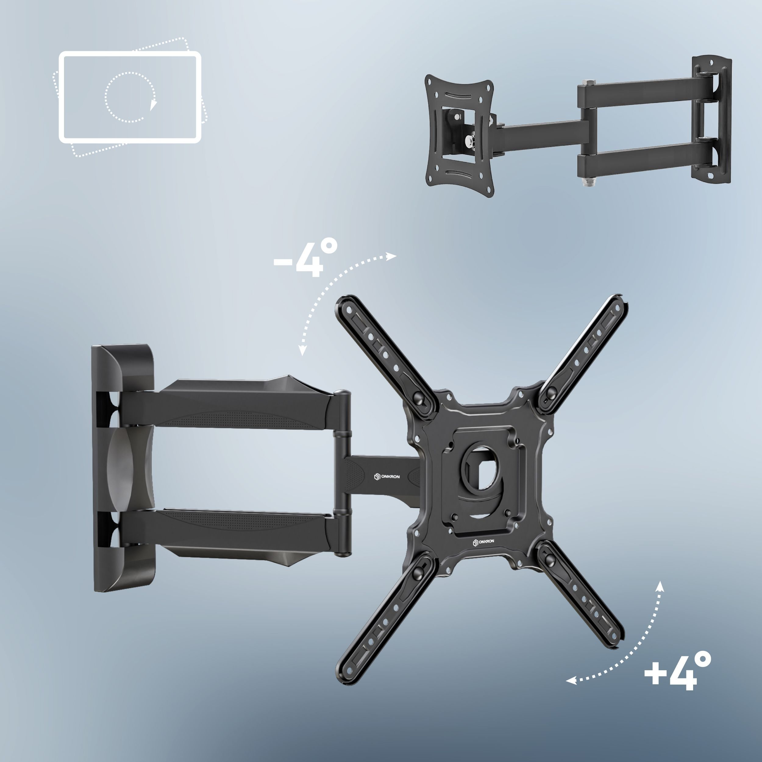 Czarny uchwyt ścienny do telewizora z przegubowymi ramionami, różnymi stopniami pochylenia i wskaźnikami obrotu.