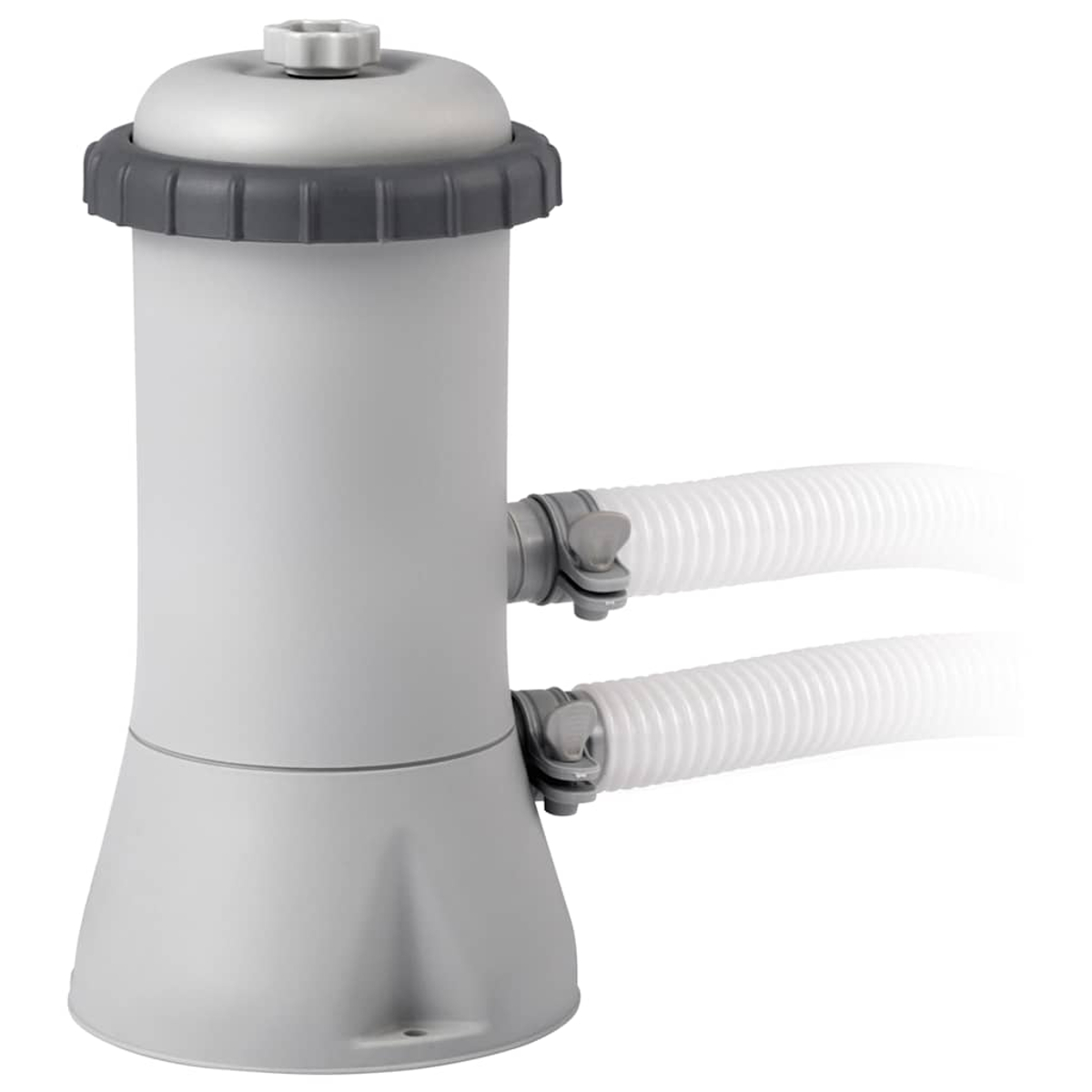 Ein grauer Poolfilter mit zwei weißen Wellschläuchen. Er hat einen zylindrischen Körper mit konischem Fuß und einem grauen Deckel.