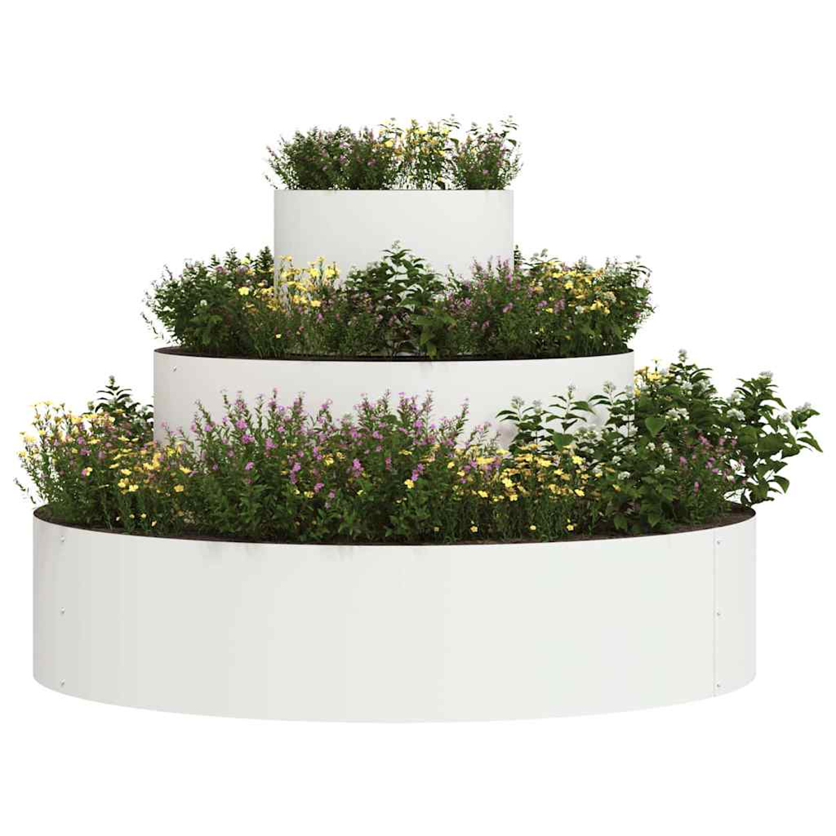 Una fioriera bianca a più livelli piena di fiori colorati e piante verdi. La fioriera ha tre livelli, ognuno con una diversa varietà di piante.