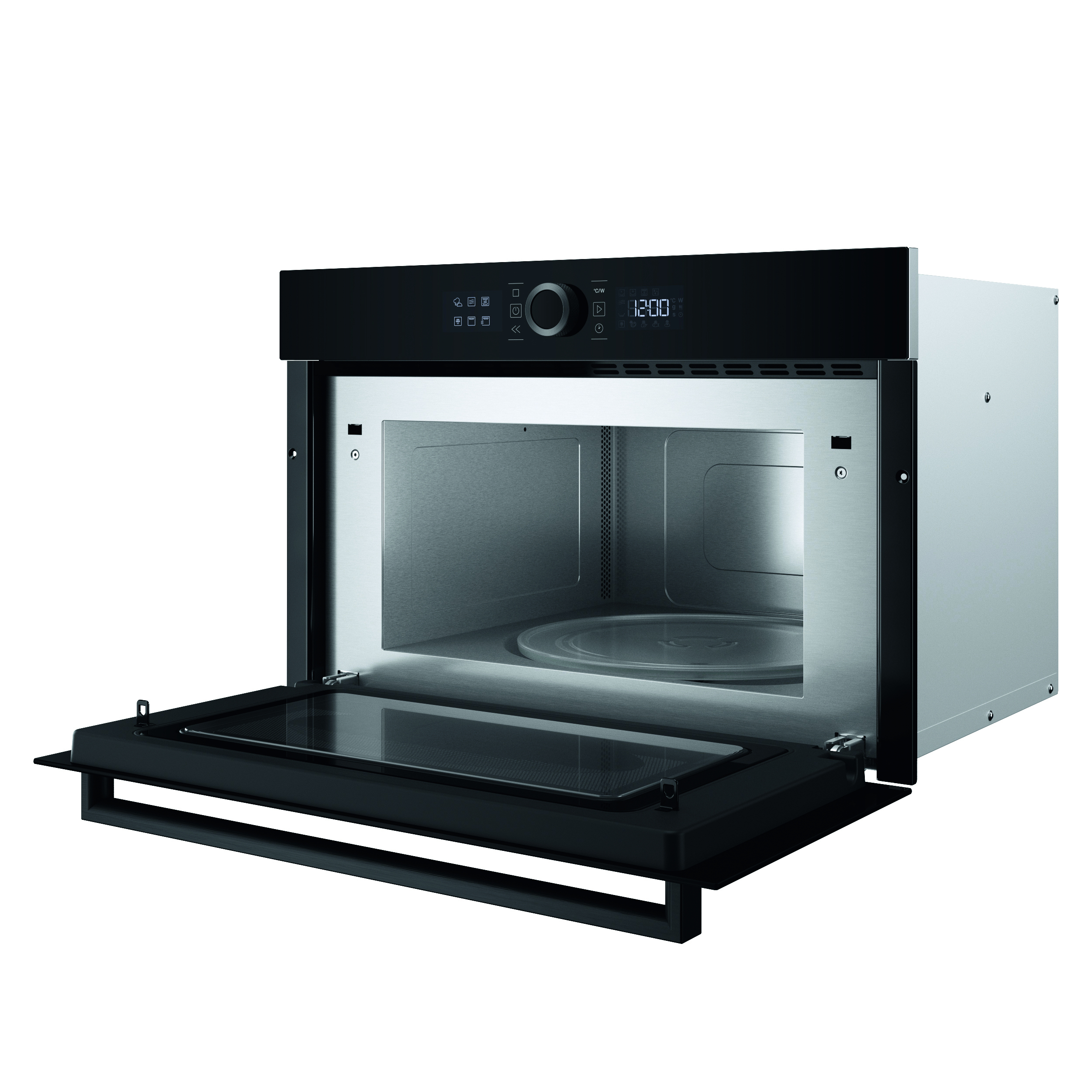 Forno a microonde, nero e acciaio inossidabile. Porta aperta, luce interna, pannello di controllo. Isolato su bianco.