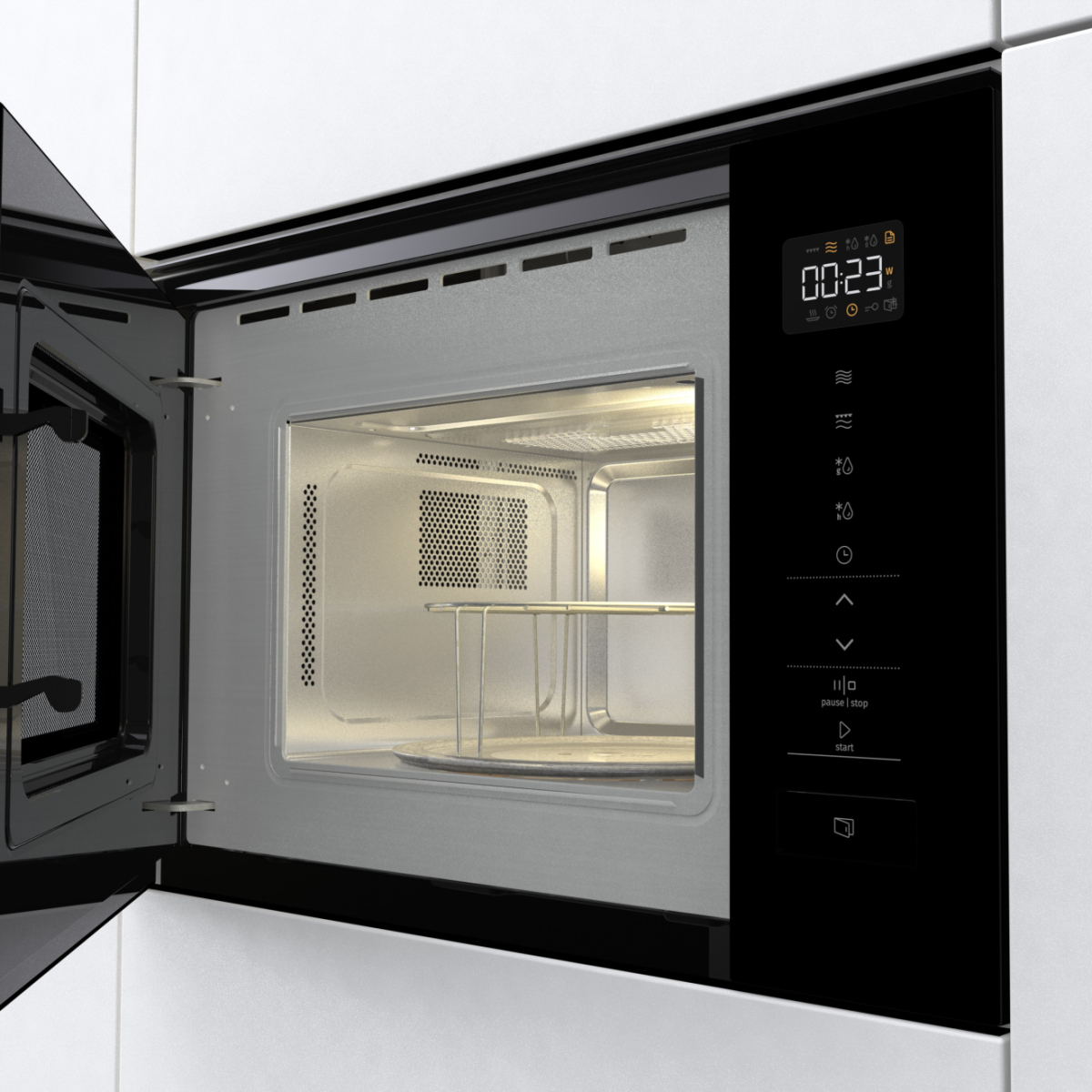Un forno a microonde aperto con display digitale che mostra 00:23. All'interno c'è una griglia metallica. Il microonde ha un pannello di controllo nero.