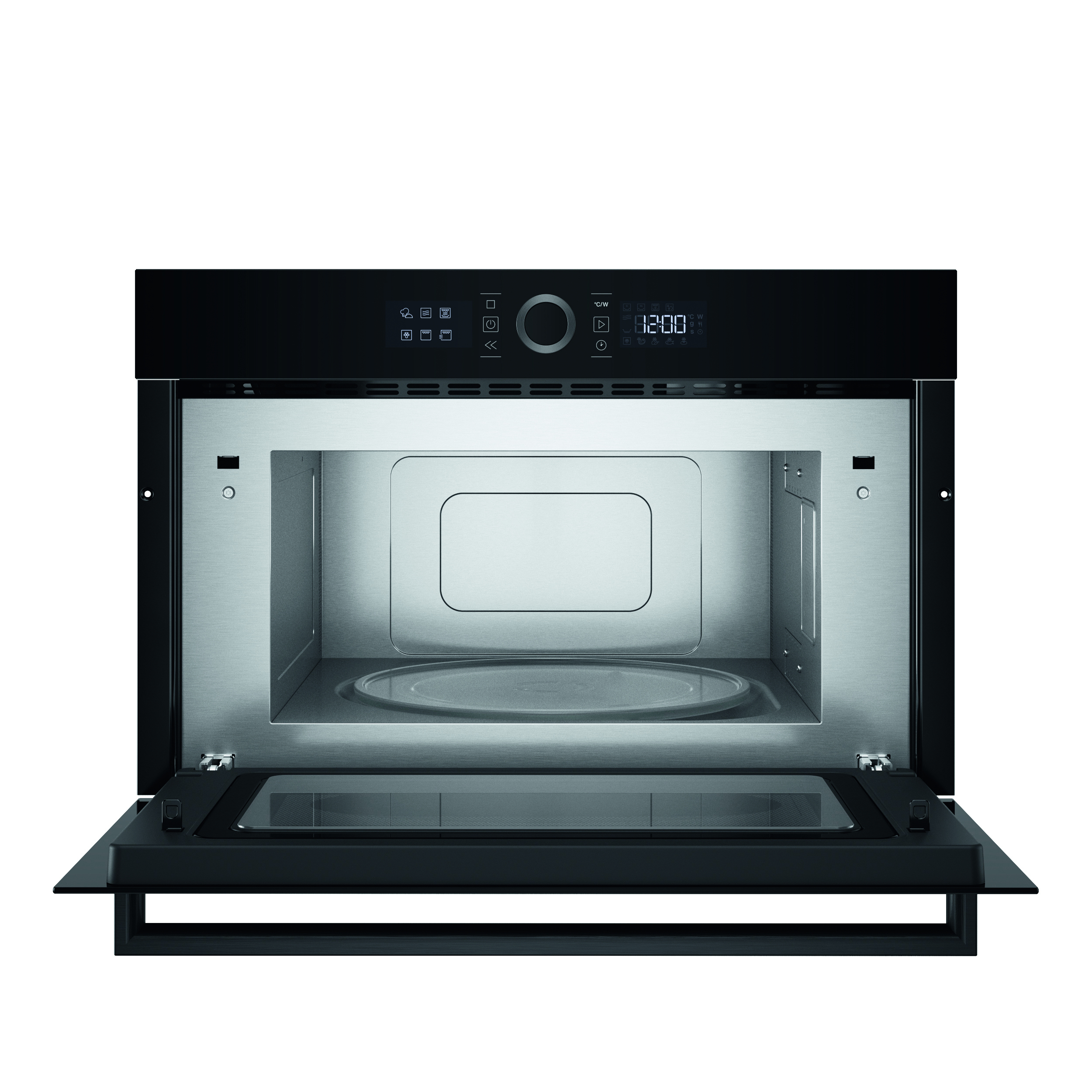 Un forno a microonde nero con la porta aperta. L'interno è metallico, con un piatto di vetro. Il display mostra l'ora.