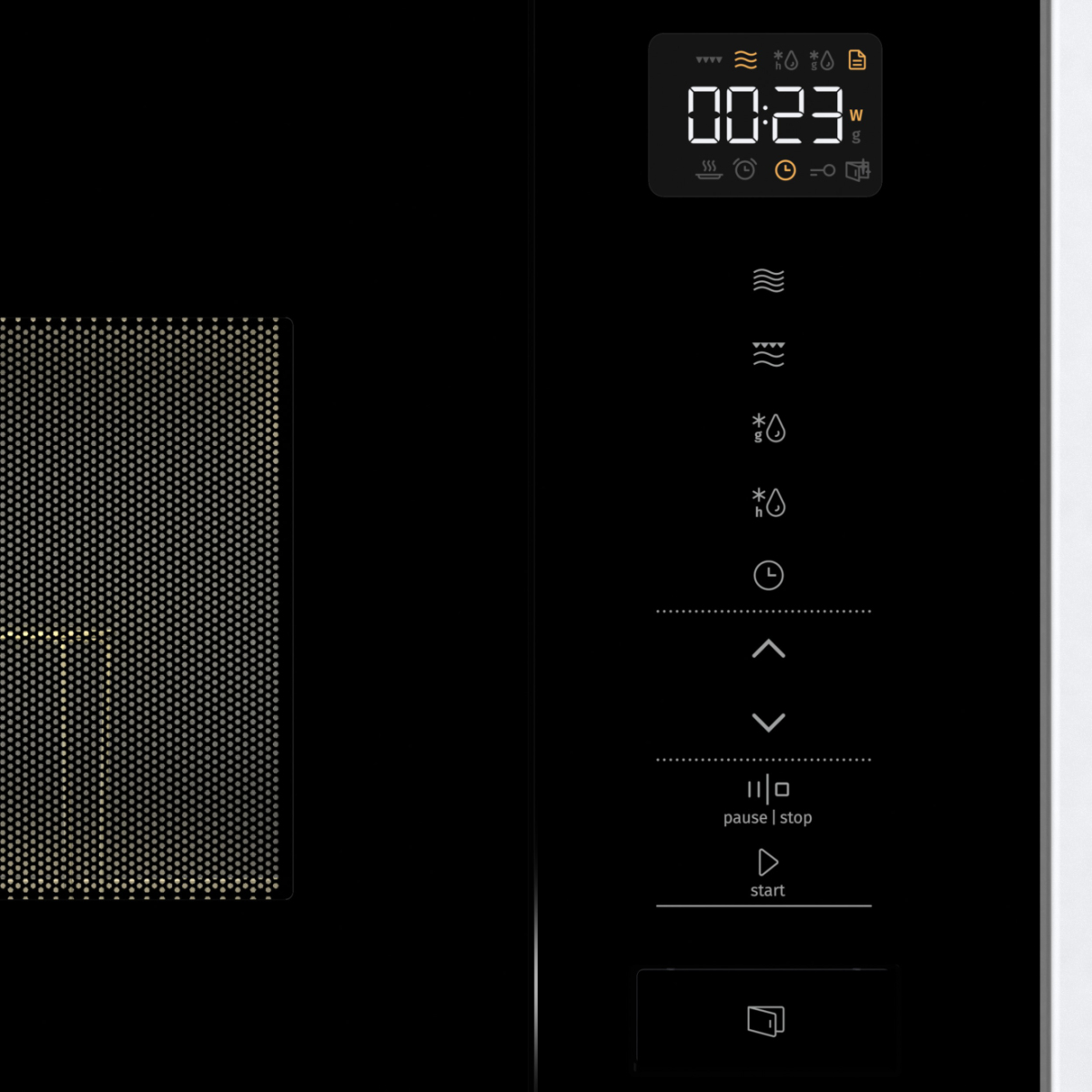 Pannello di controllo del forno a microonde. Visualizza l'ora 00:23. Ha varie icone e pulsanti per diverse funzioni. Design in bianco e nero.