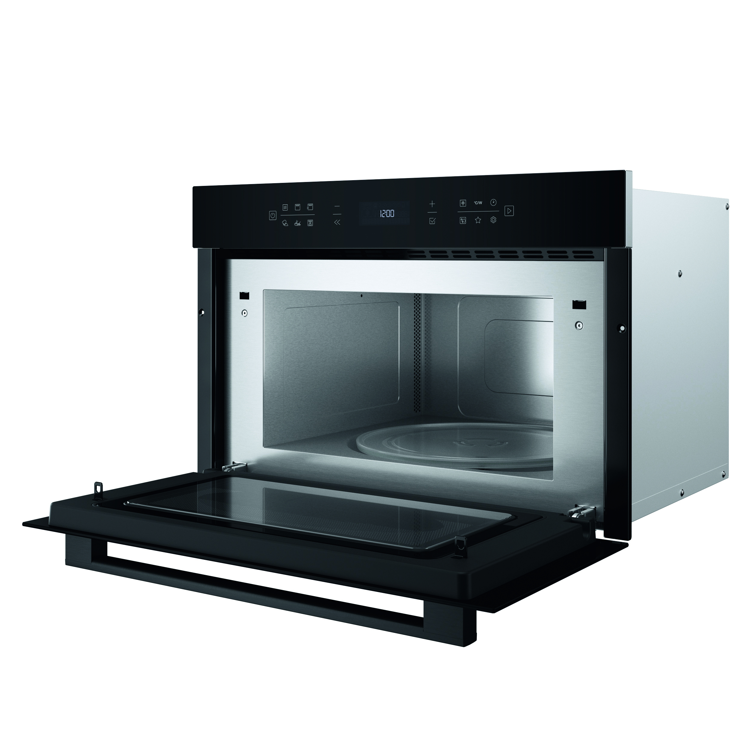 Un forno a microonde con la porta aperta. L'interno è visibile, insieme al pannello di controllo e a una porta a vetri.