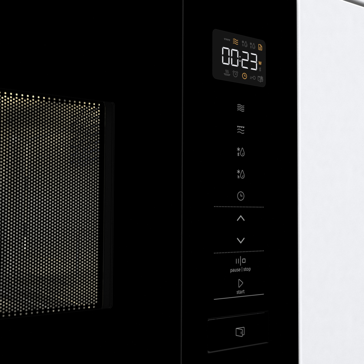 Pannello di controllo di un forno a microonde nero con display digitale 00:23. Varie icone e pulsanti per le funzioni visibili.