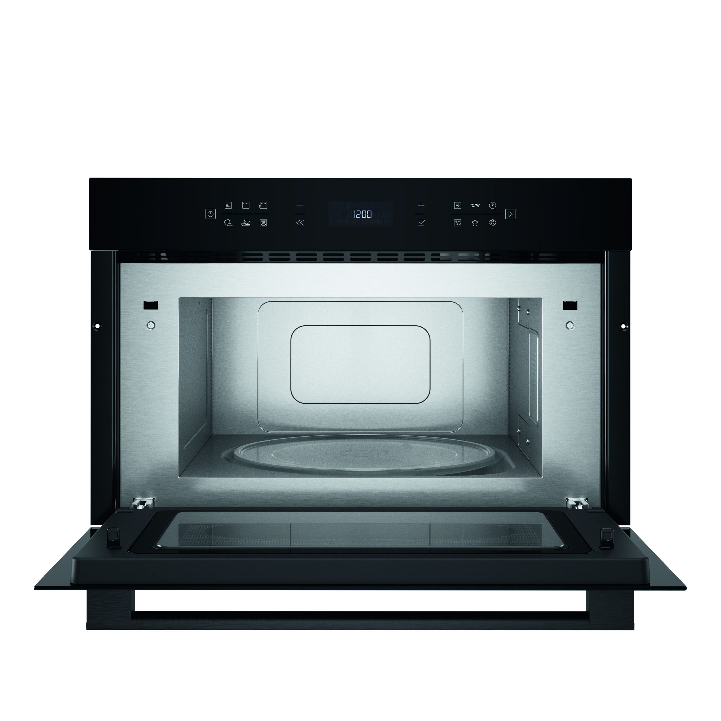 Forno a microonde nero a incasso con porta aperta. Interno in acciaio inox, piatto in vetro e pannello comandi digitale.