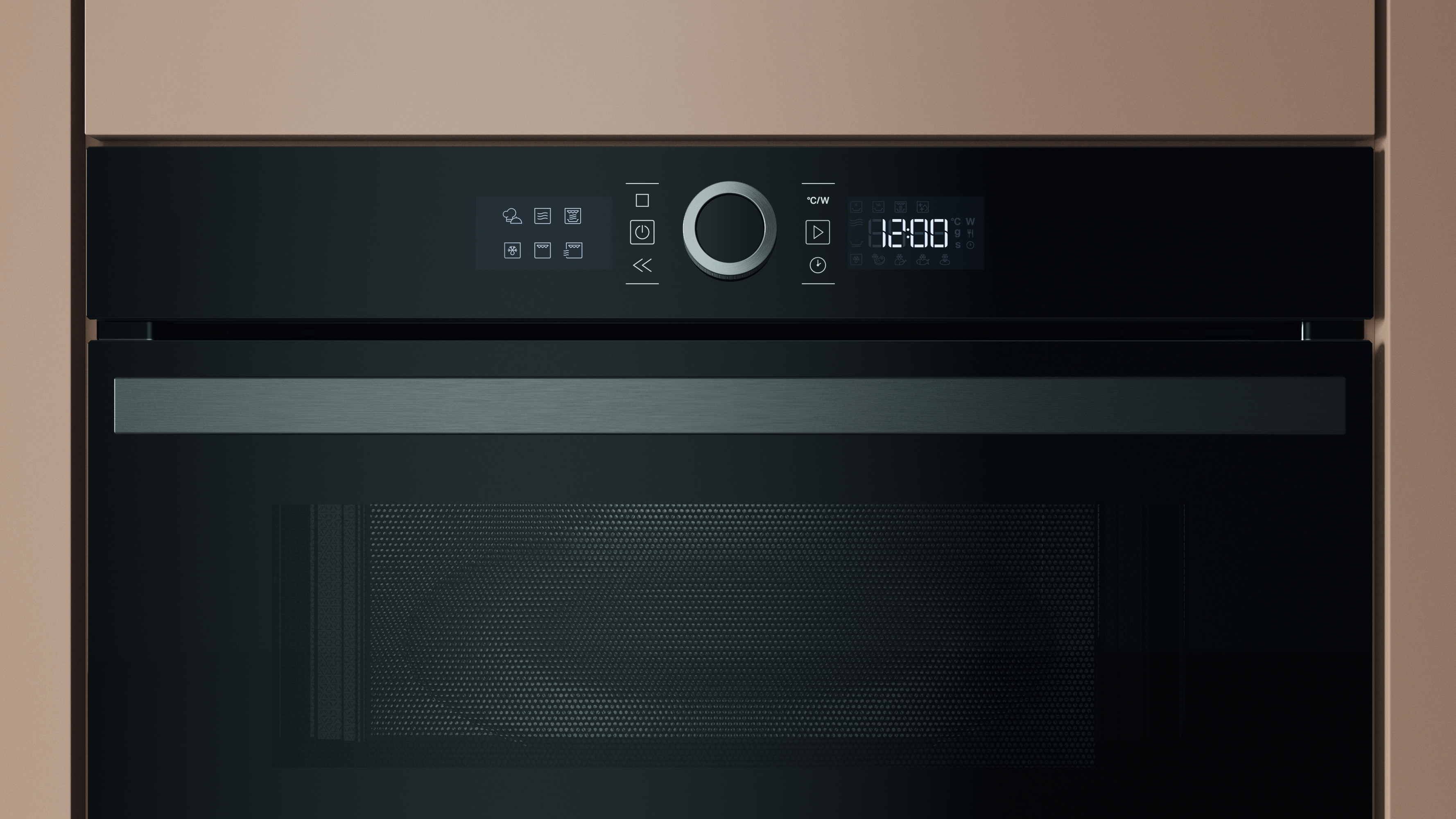 Un forno a incasso con pannello frontale nero e display digitale che mostra le 12:00. Il telaio è beige.