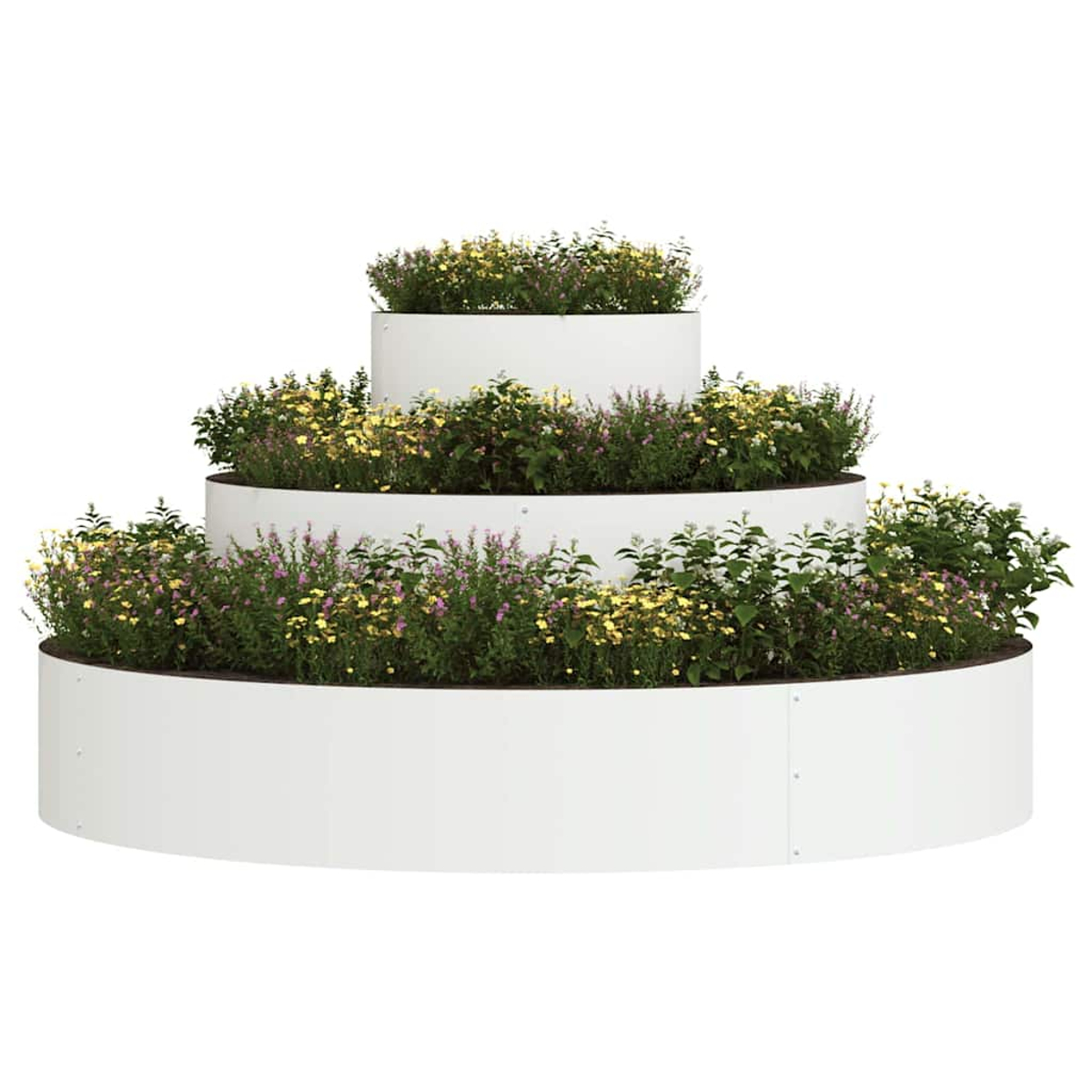 Una fioriera a più livelli con lati bianchi, ogni livello riempito di terra e vari fiori colorati e piante verdi. Isolato su bianco.