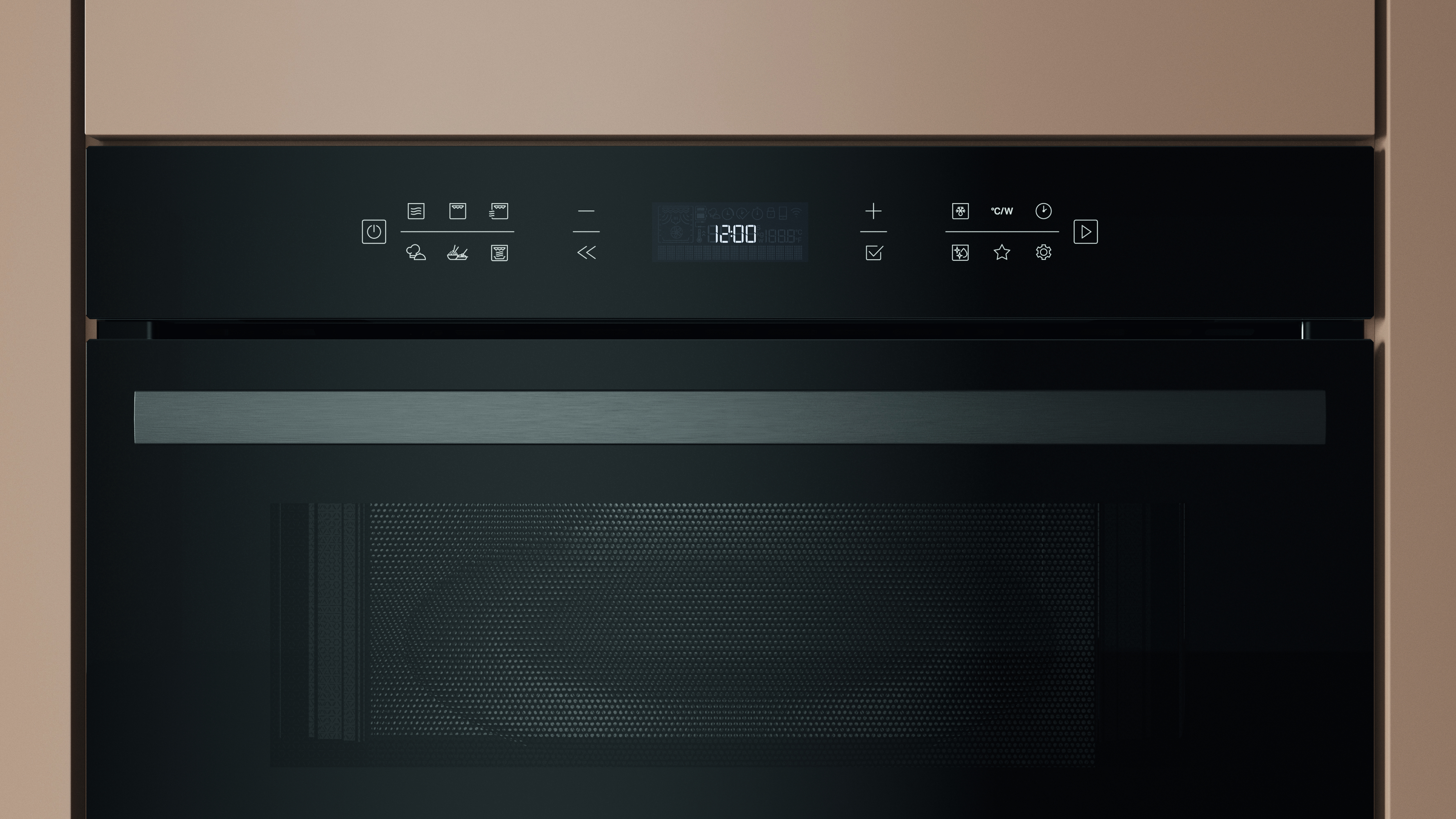 Un forno a microonde nero con display digitale che mostra le 12:00. Ha varie icone di controllo e una maniglia in acciaio inossidabile.
