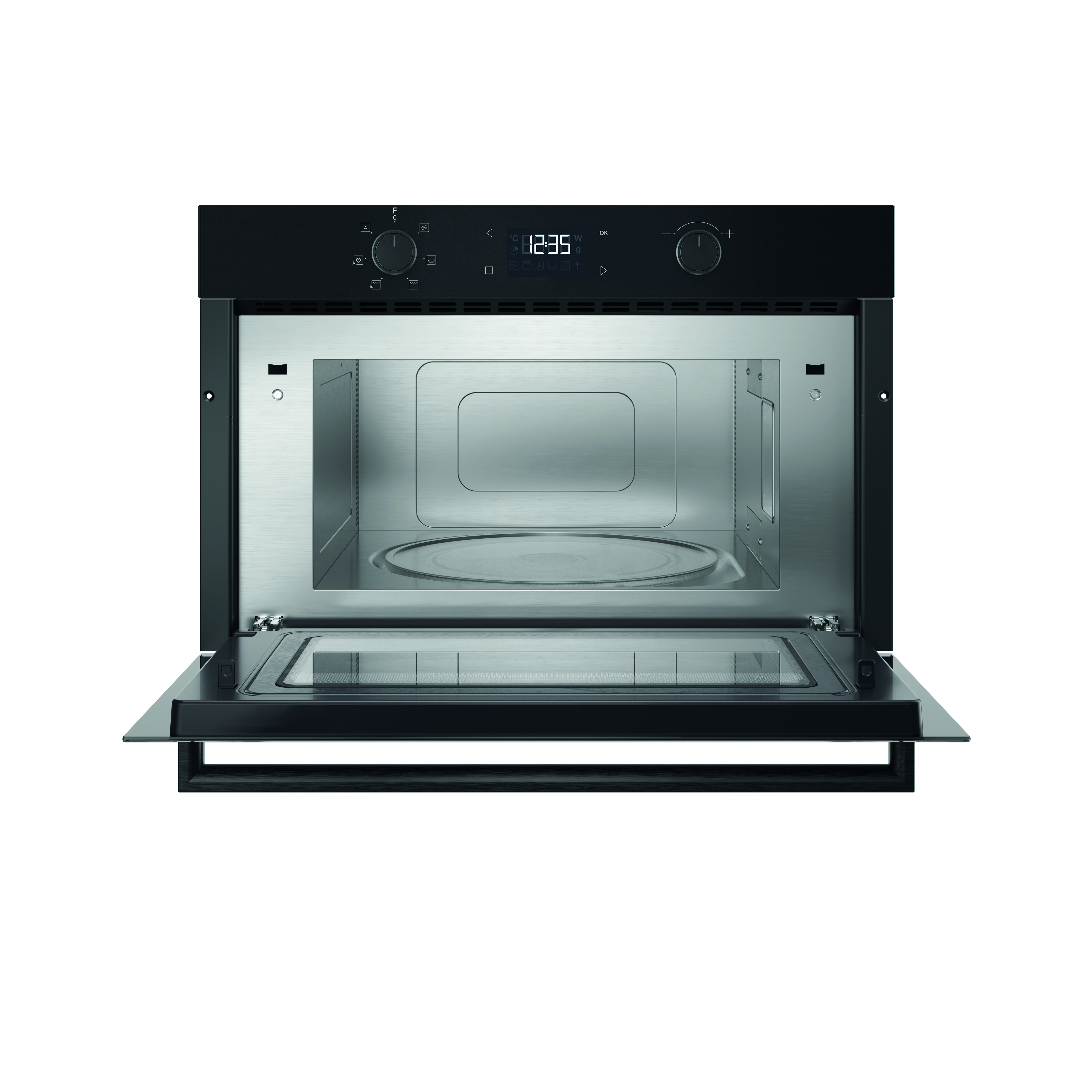 Un forno a microonde nero con la porta aperta, che rivela l'interno. L'orologio segna le 12:35. Lo sfondo è bianco.