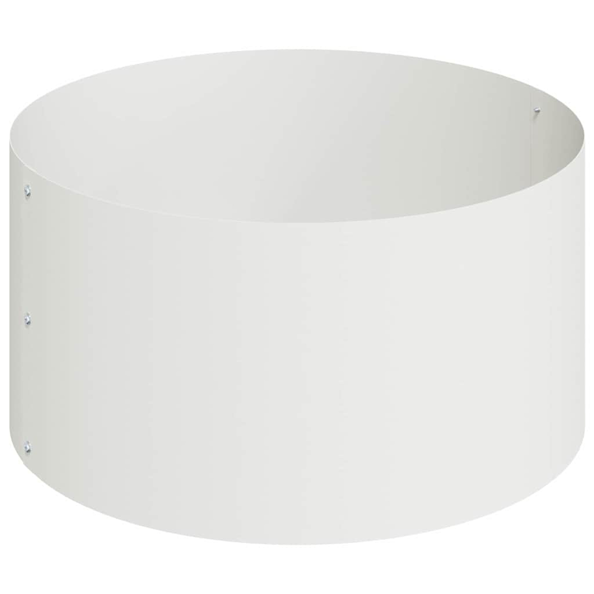 Una fioriera cilindrica in metallo bianco sporco. I rivetti sono visibili. L'interno è vuoto.