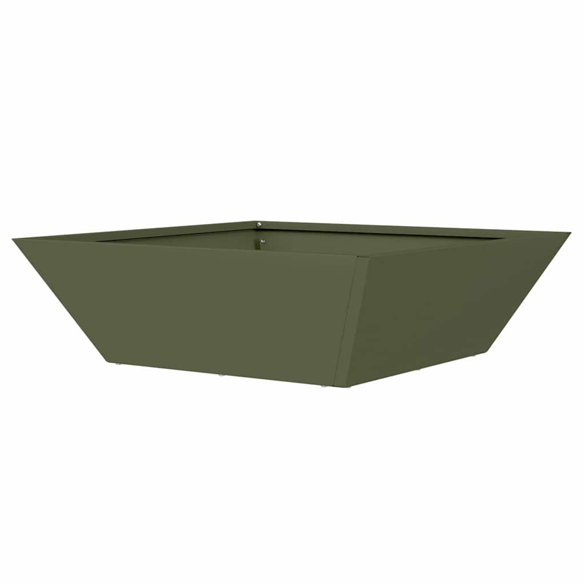 Una fioriera verde oliva di forma quadrata. Ha un design trapezoidale con lati inclinati, su sfondo bianco.