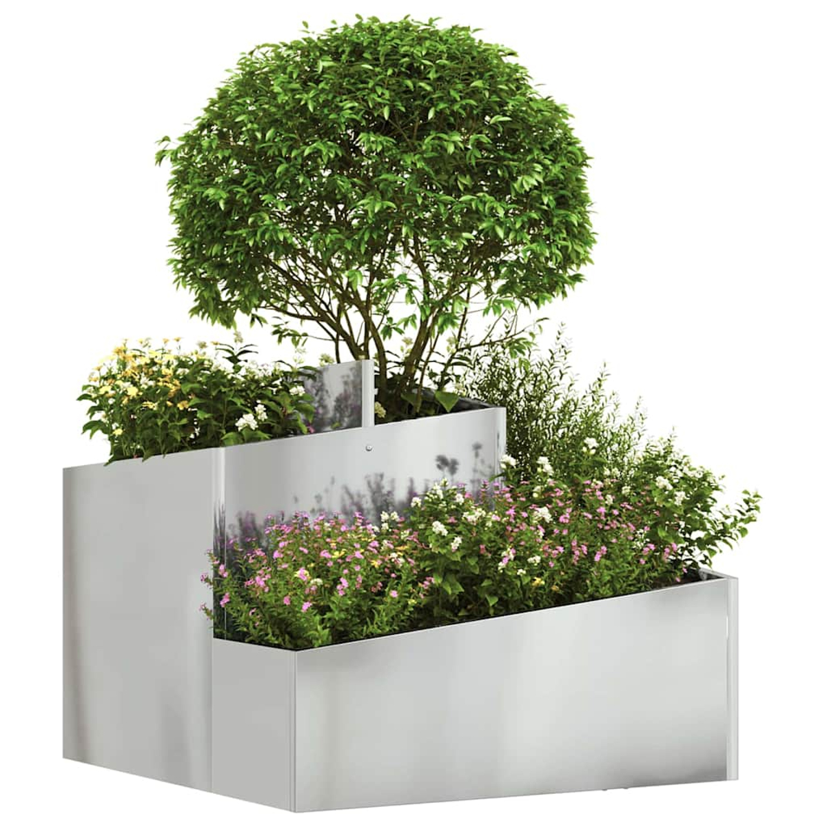 Una fioriera in metallo a più livelli con un grande albero verde e varie piante fiorite. Design moderno.