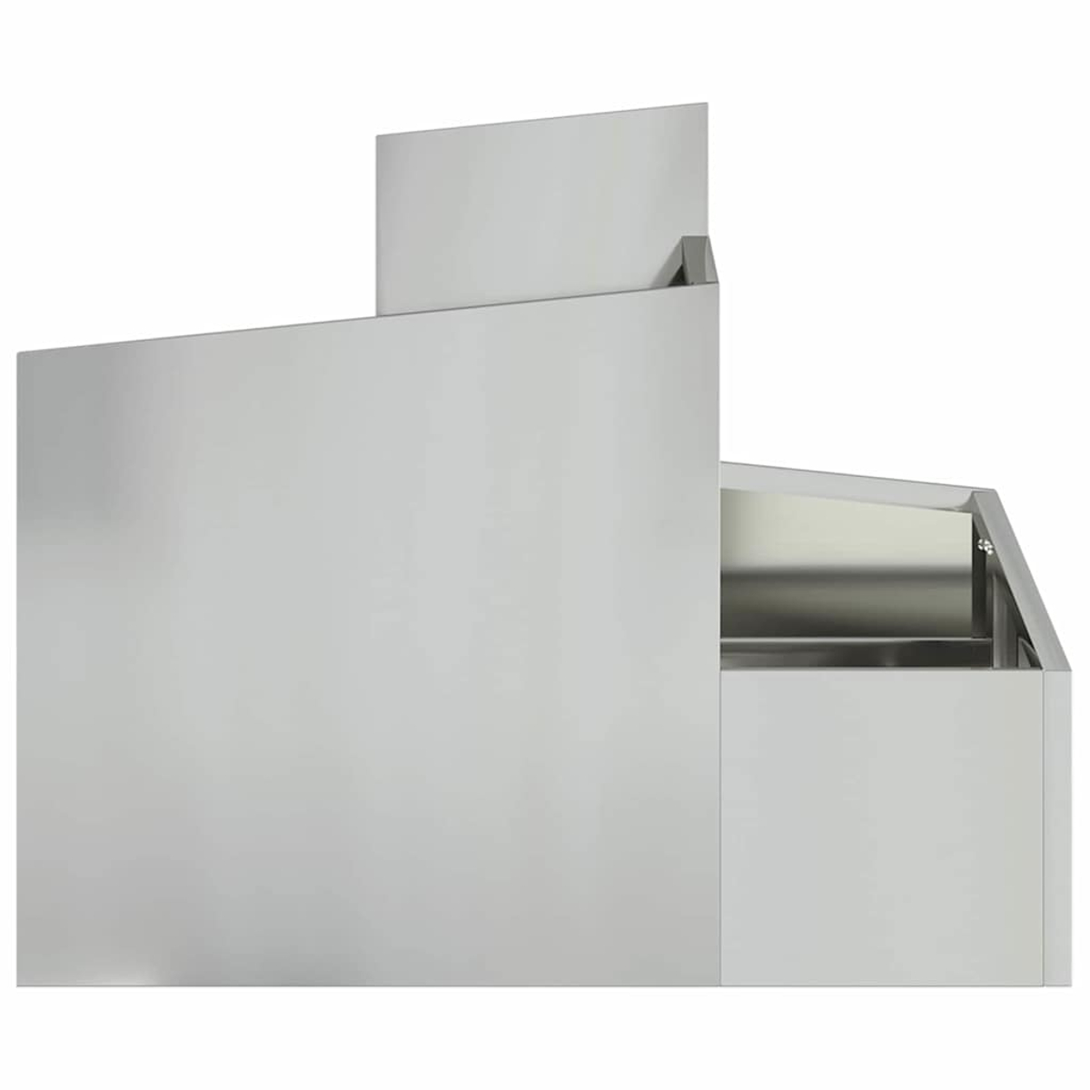 Una moderna cappa in acciaio inossidabile. Ha un design rettangolare con angoli acuti e un'estetica pulita e minimalista.