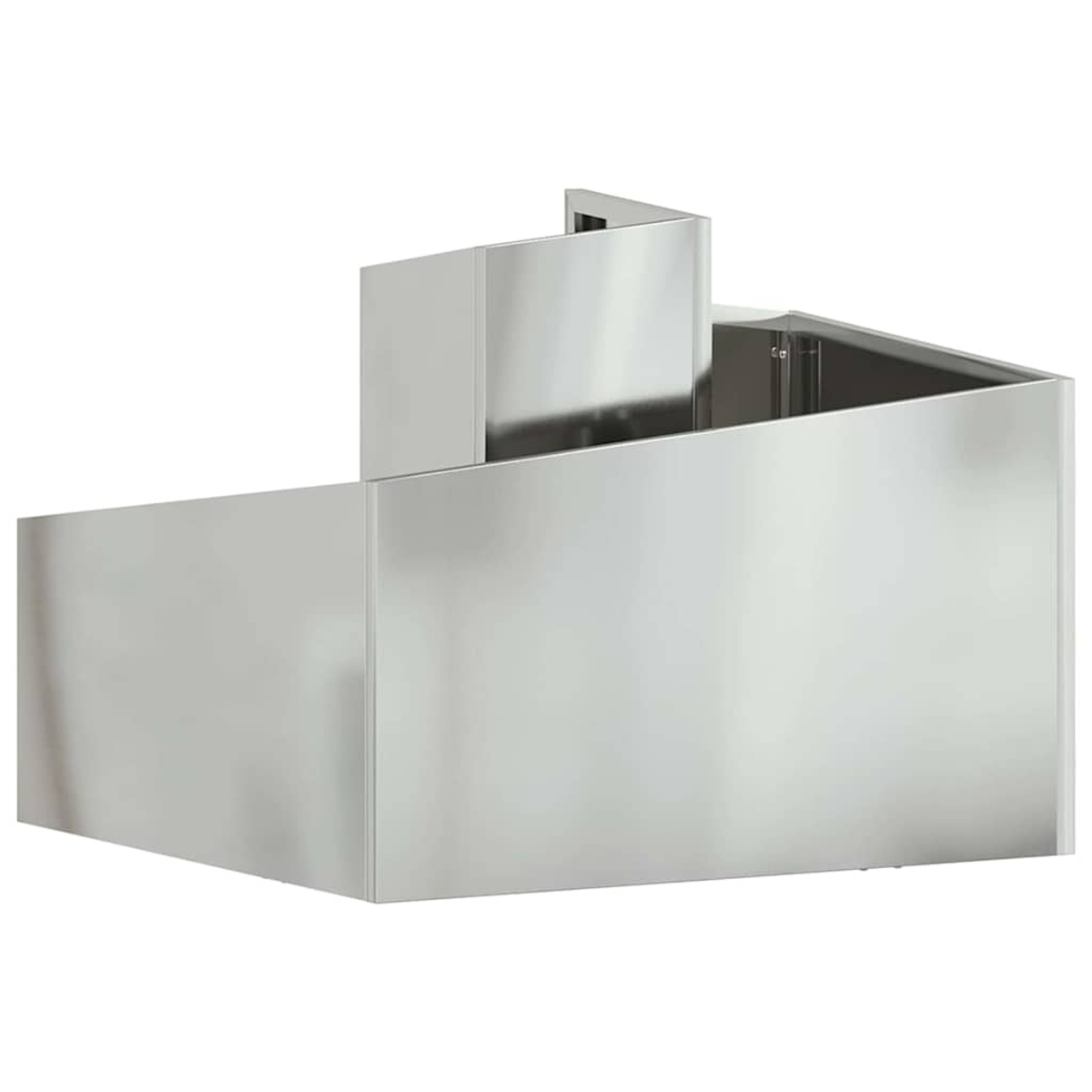 Una cappa in acciaio inossidabile su sfondo bianco. Ha un design a gradini di forma rettangolare.