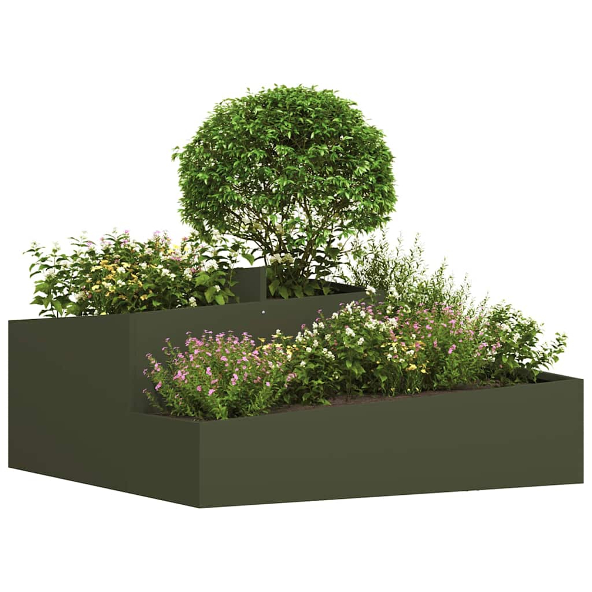 Ein mehrstufiger Pflanzkübel mit einem runden grünen Baum und verschiedenen blühenden Pflanzen in Rosa-, Weiß- und Gelbtönen auf weißem Hintergrund.