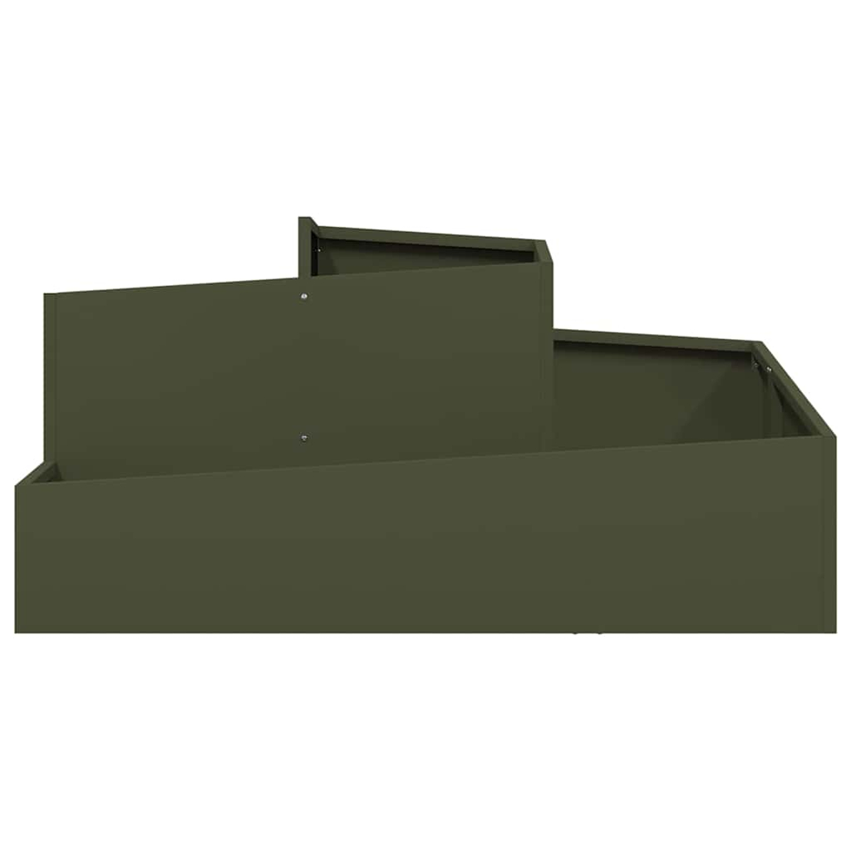 Eine olivgrüne, mehrstufige Pflanzkasten. Die Box besteht aus Metall und scheint leer zu sein, mit weißem Hintergrund.