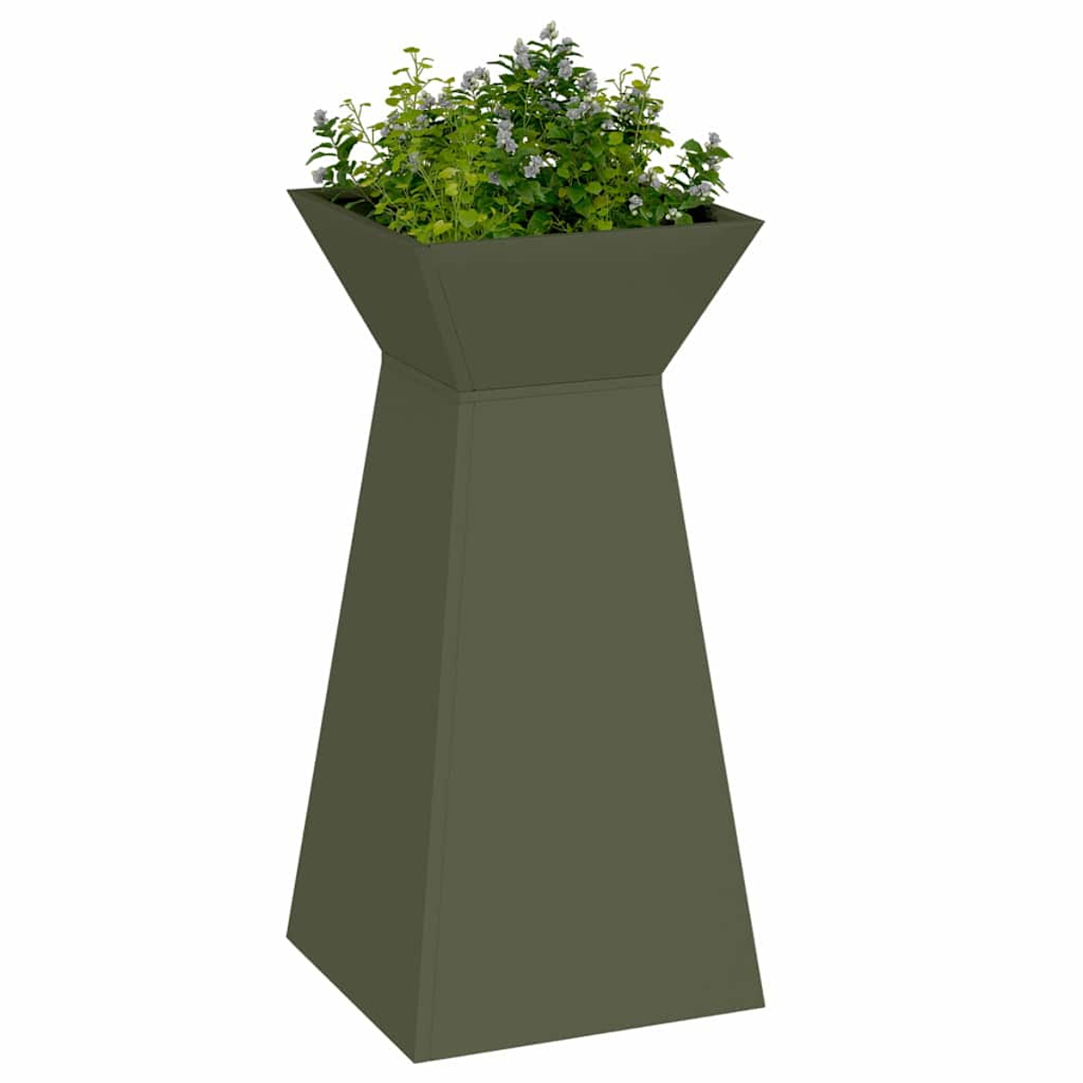 Un'alta fioriera verde oliva con la parte superiore quadrata. Contiene piante da fiore verdi e bianche. Sfondo bianco.