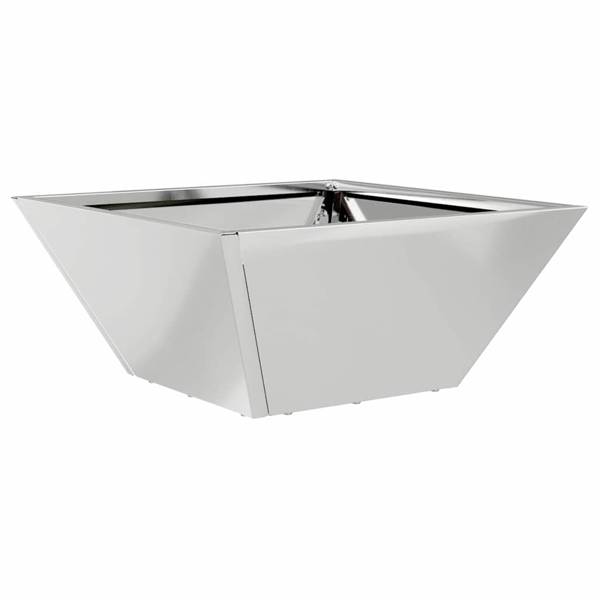 Una fioriera quadrata in acciaio inossidabile su sfondo bianco. La fioriera ha un design affusolato con superficie riflettente.