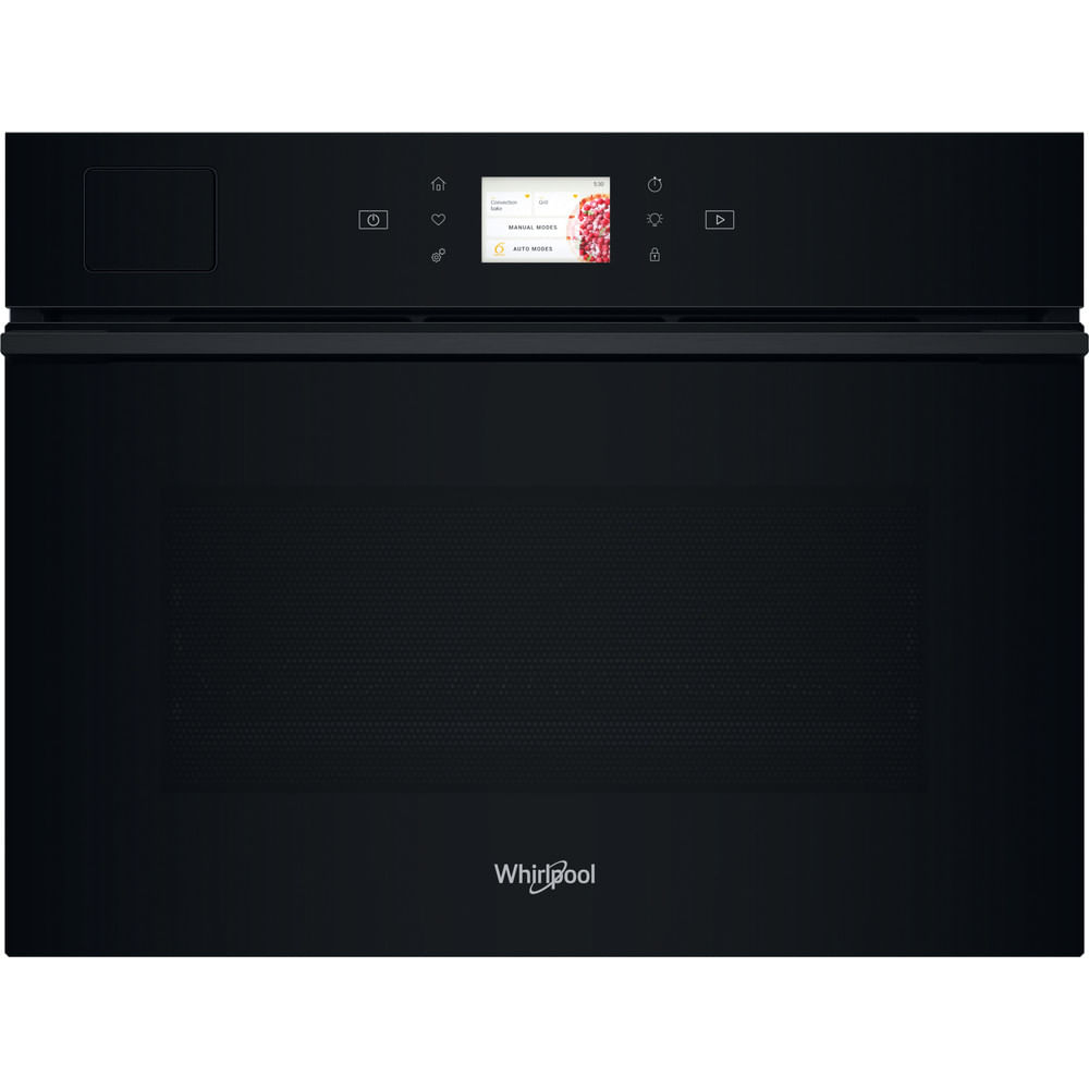 Forno Whirlpool nero con display digitale che mostra le modalità di cottura. Il forno ha un design elegante e moderno con pulsanti di controllo.