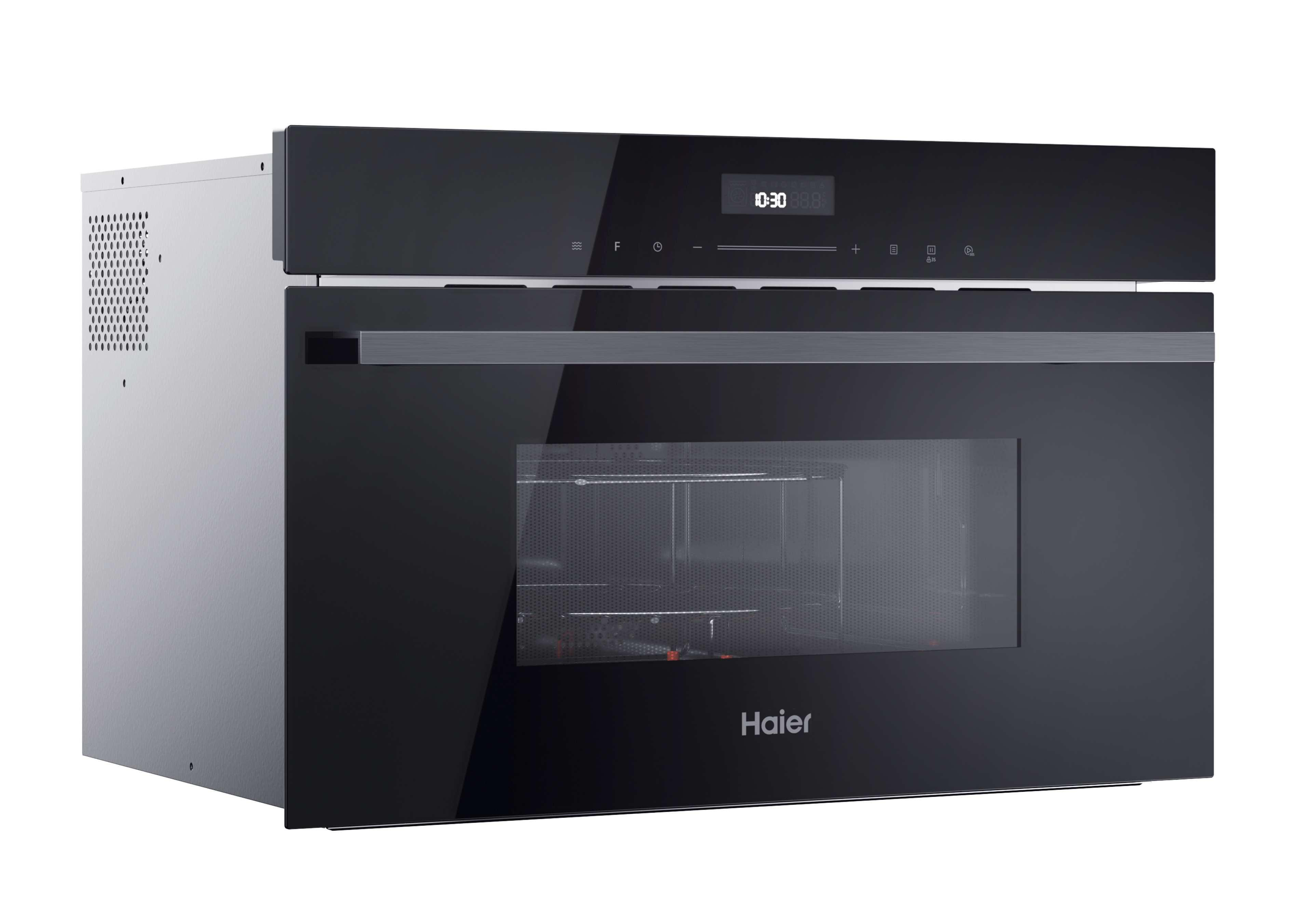 A black Haier microwave oven with a digital clock display. The oven door is glass. The side is silver.