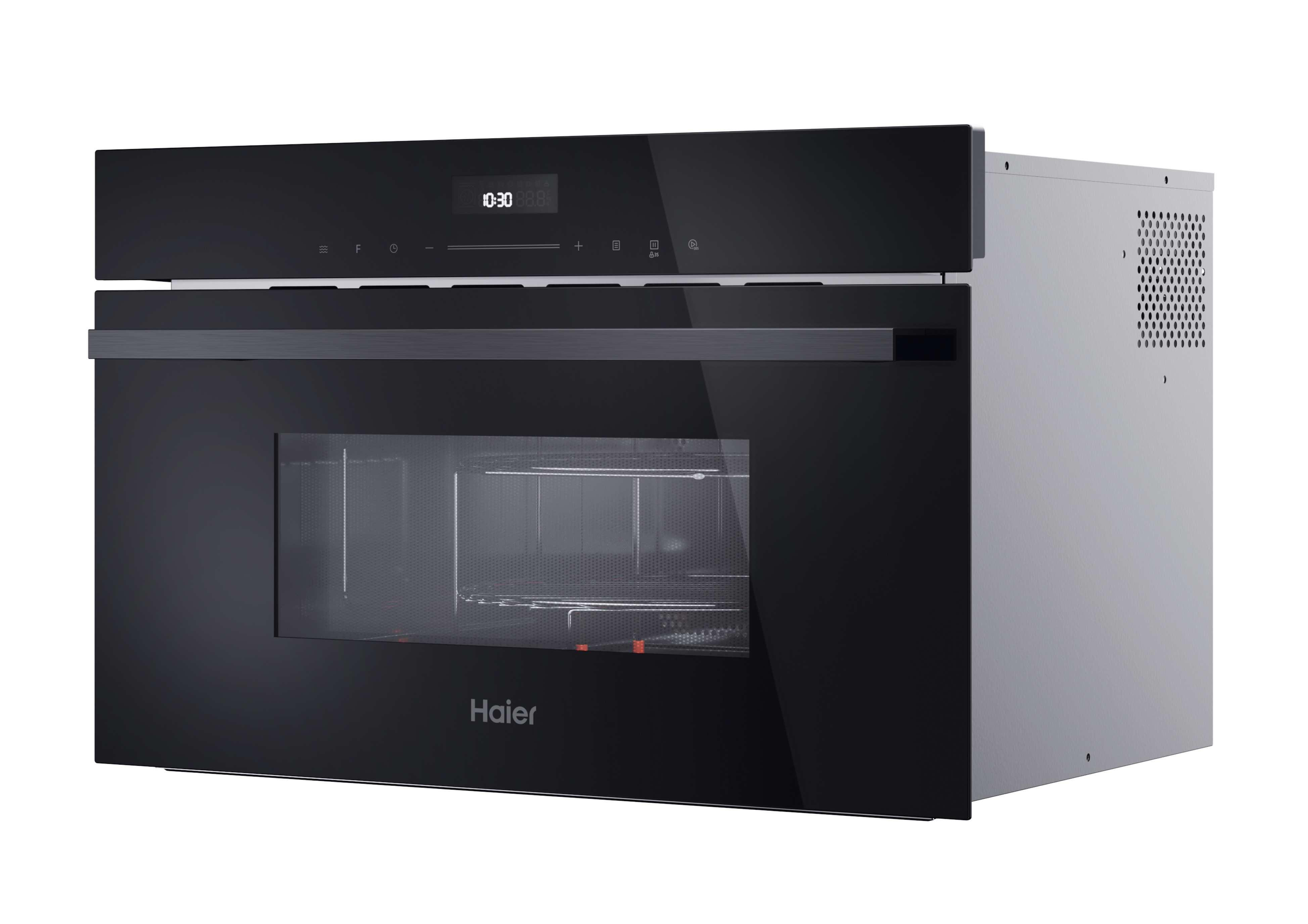 A black Haier oven with a digital clock displaying 10:30, a glass door, and a gray side panel with ventilation holes.