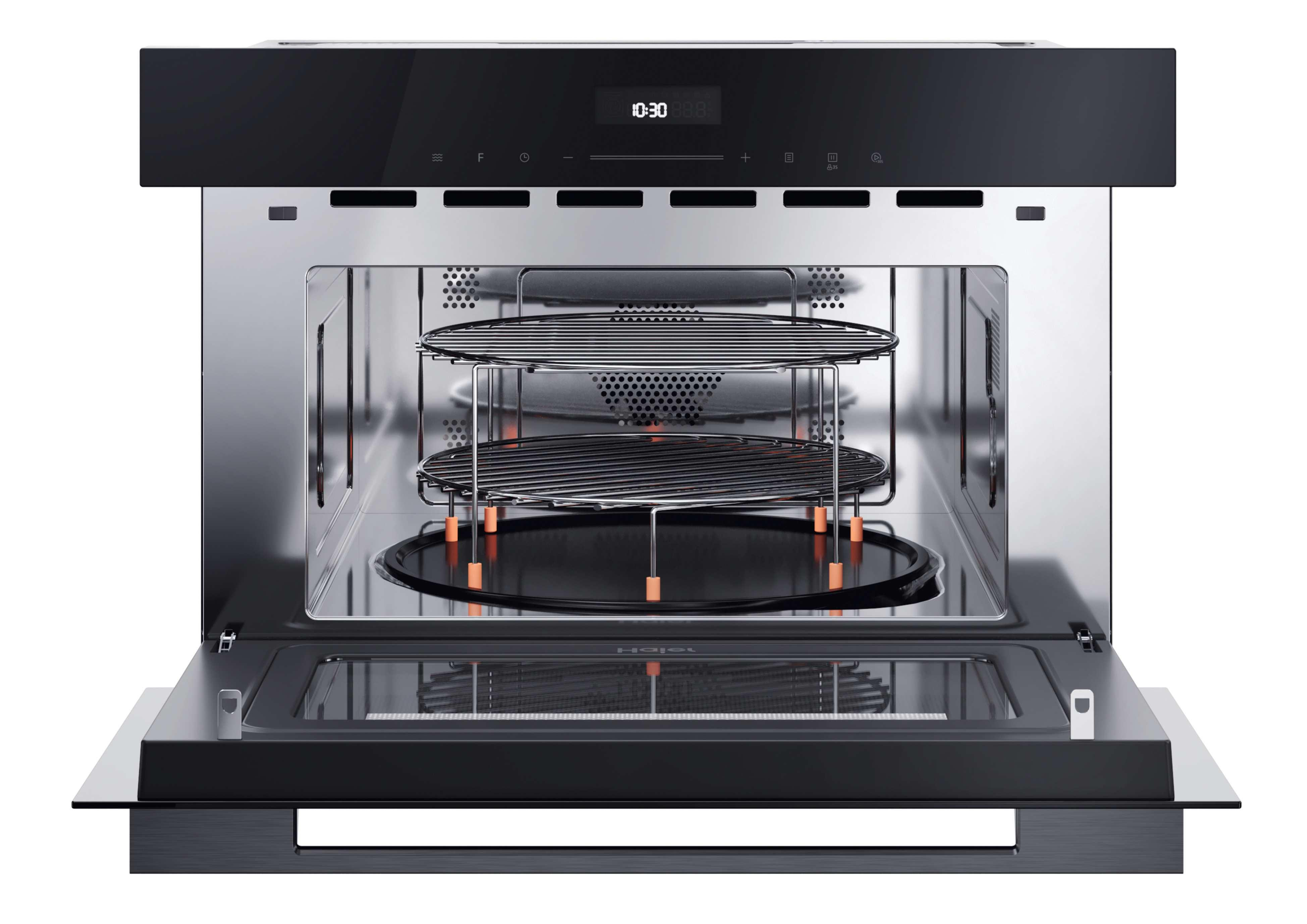 An open, stainless steel microwave oven with a black door and interior racks. The digital clock displays 10:30.