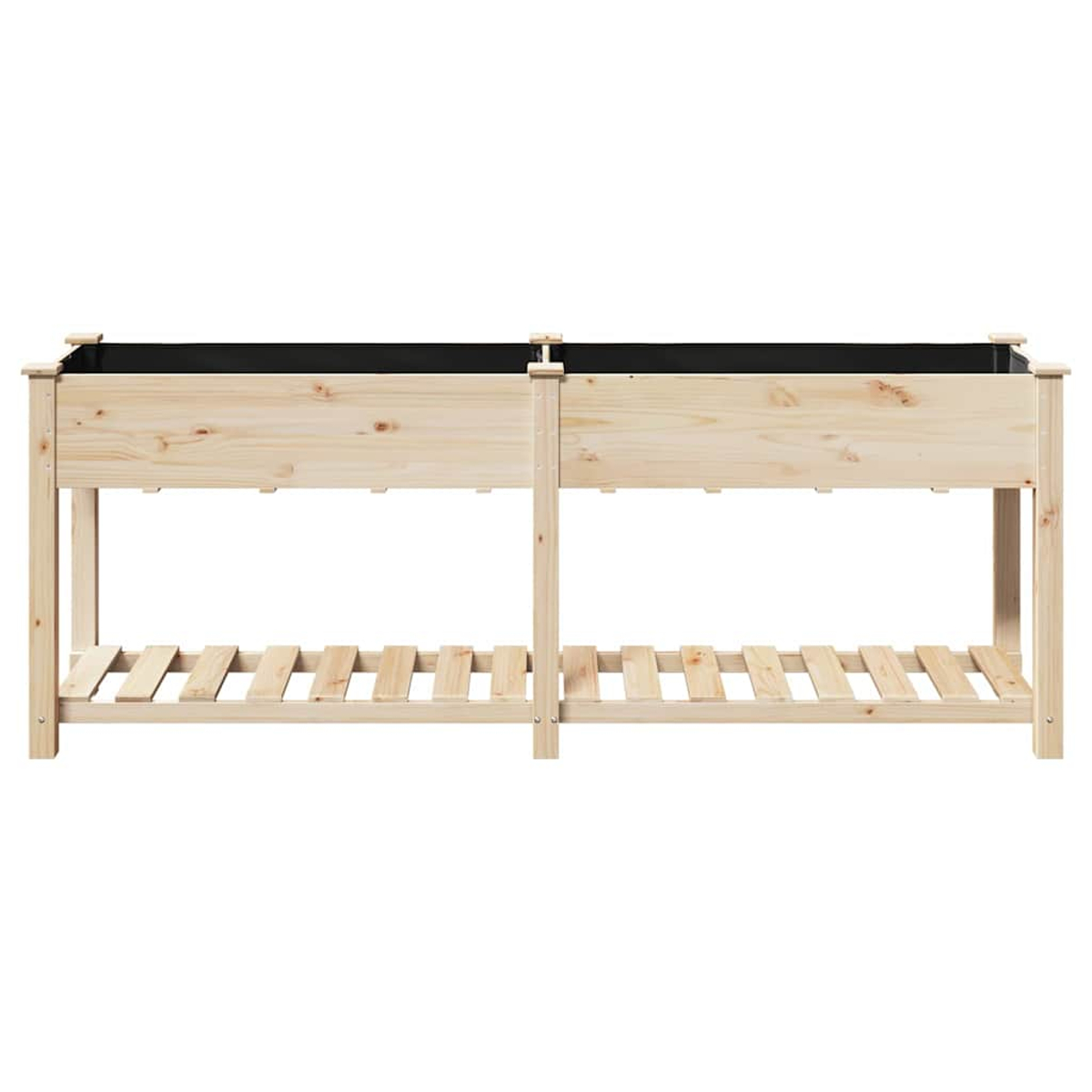 Aiuola rialzata in legno con due scomparti. Il letto è in legno chiaro con rivestimento nero e un ripiano a doghe sottostante.
