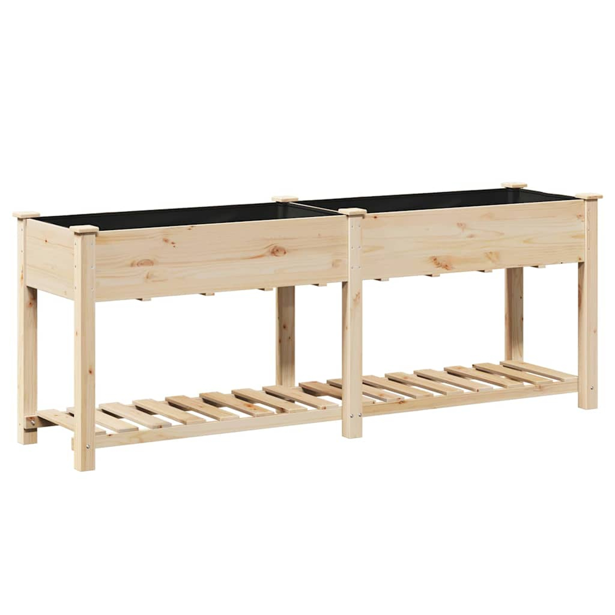 Un'aiuola rialzata in legno chiaro con due scomparti. Ogni scomparto ha un interno scuro. L'aiuola ha una mensola a doghe sottostante.