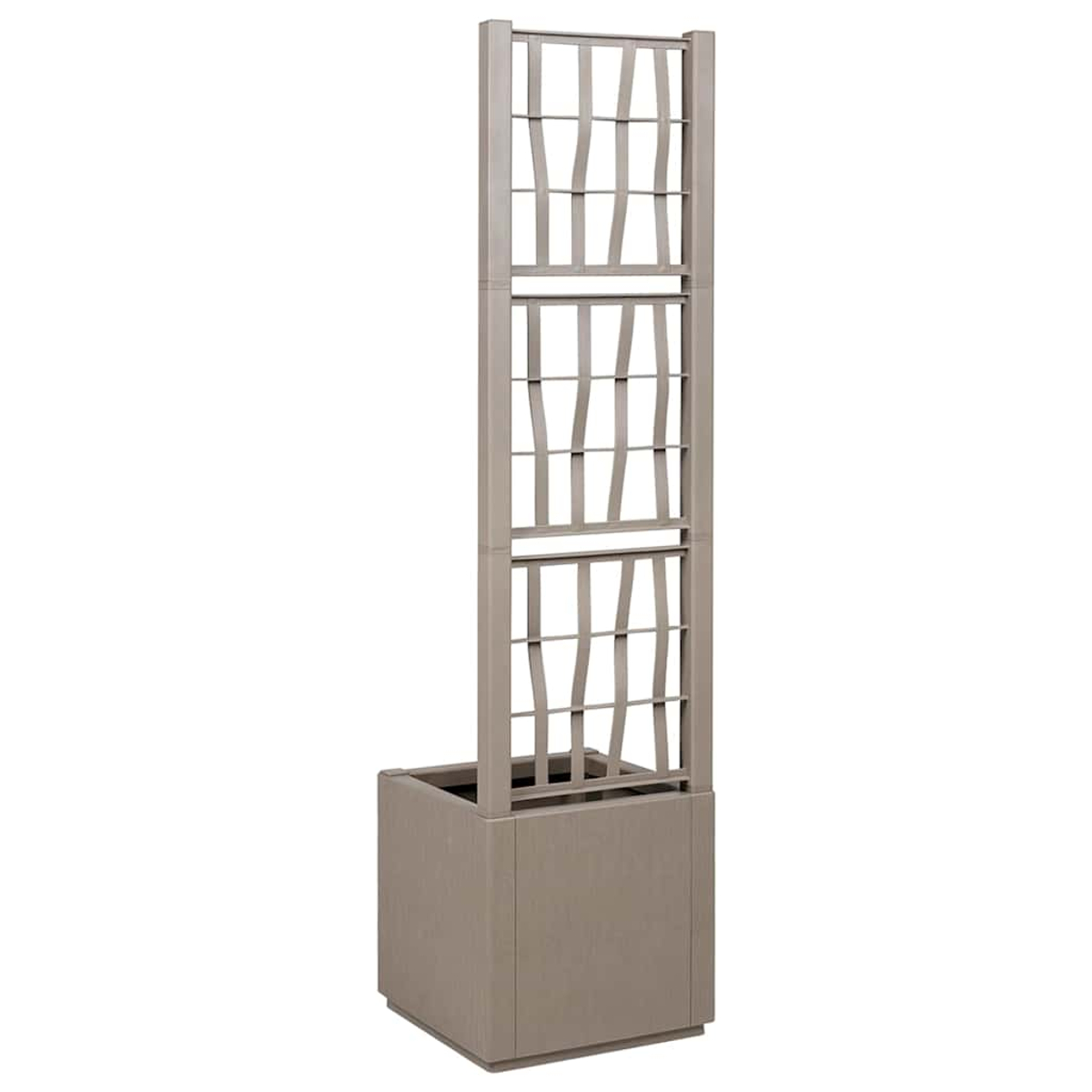 Un'alta fioriera marrone chiaro con un traliccio a griglia. Ha una base quadrata e tre sezioni di barre orizzontali e curve verticali.