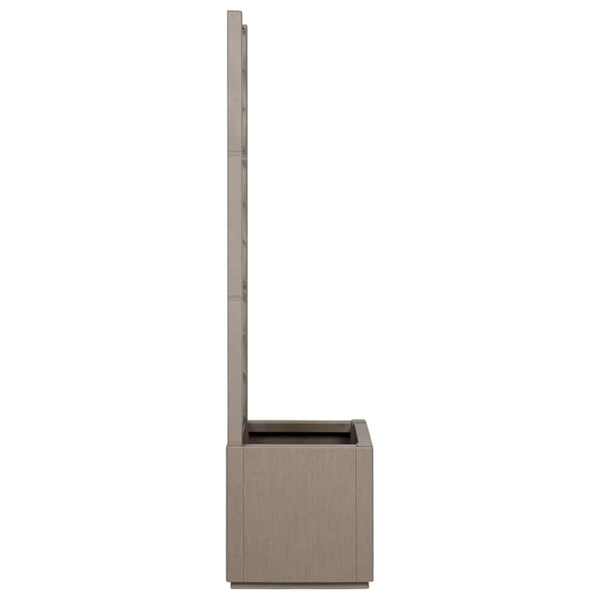 Un mobile alto in legno marrone chiaro con base rettangolare e pannello posteriore alto e verticale. Il mobile è vuoto.