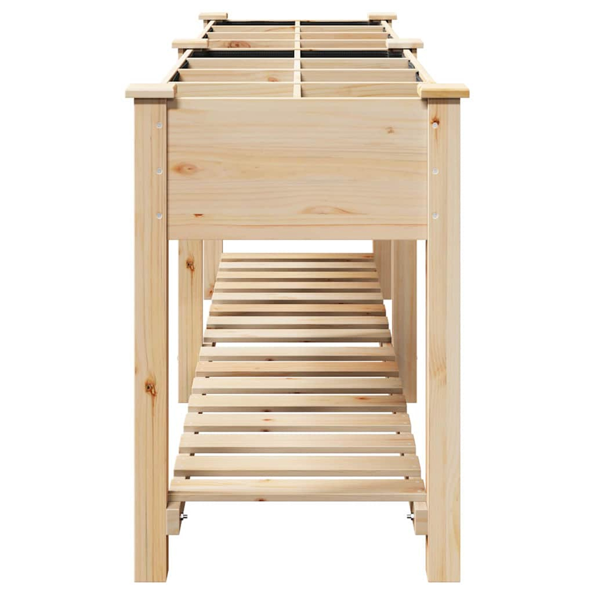 Aiuola rialzata in legno con ripiano a doghe. Ha una parte superiore aperta con più scomparti ed è in legno chiaro.