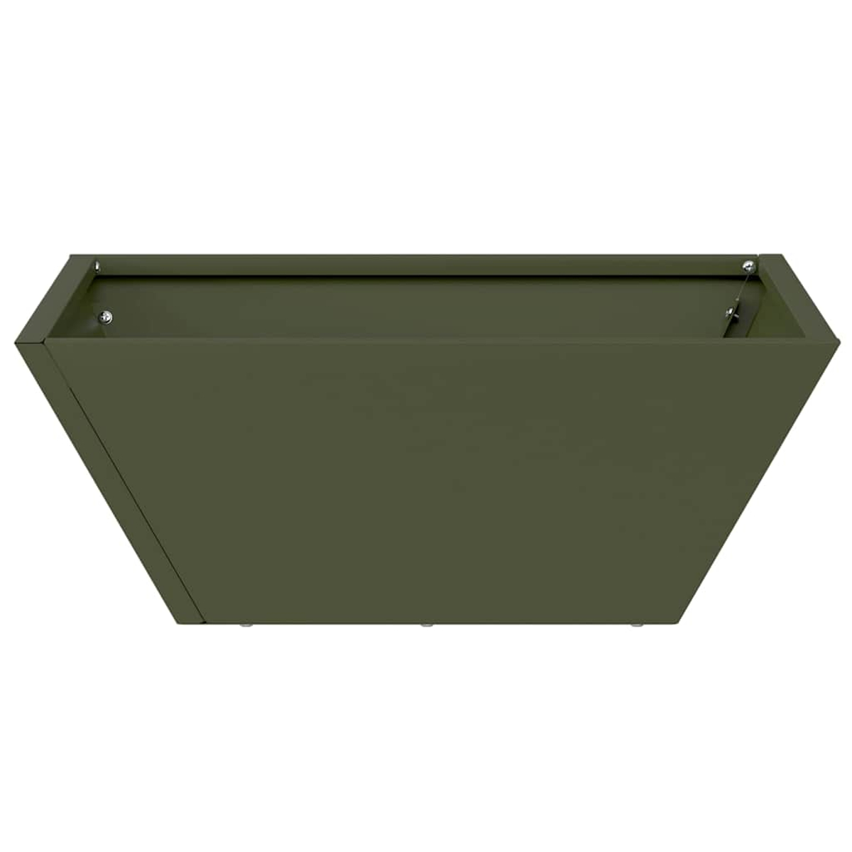 Una fioriera rettangolare verde oliva. La scatola è angolata con viti visibili e sfondo bianco.