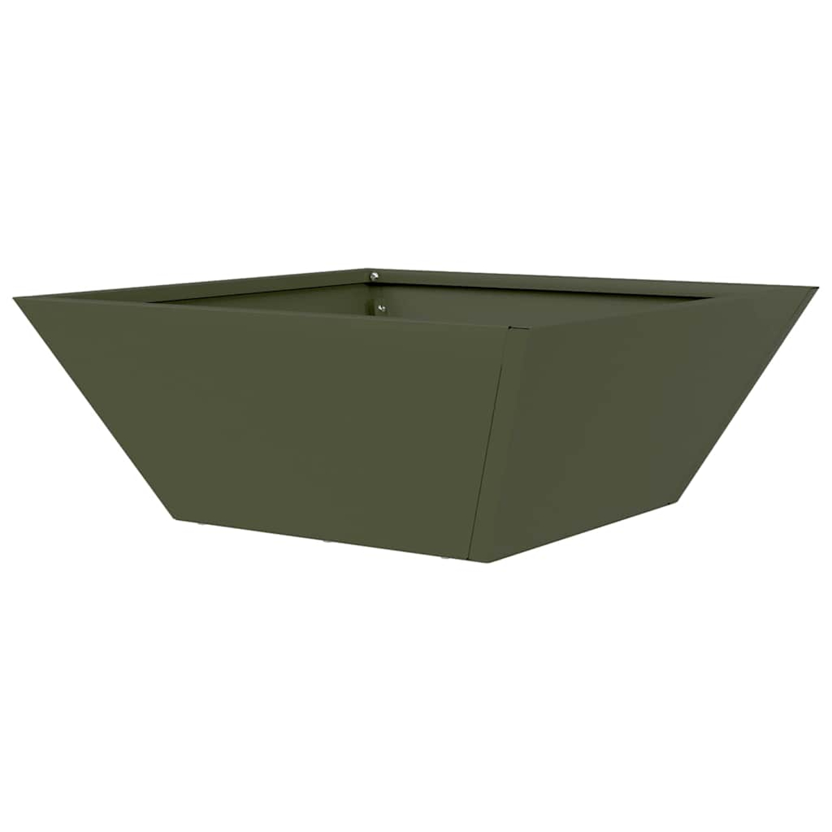 Una fioriera verde oliva a forma quadrata. La fioriera ha lati inclinati ed è vuota. Lo sfondo è bianco.
