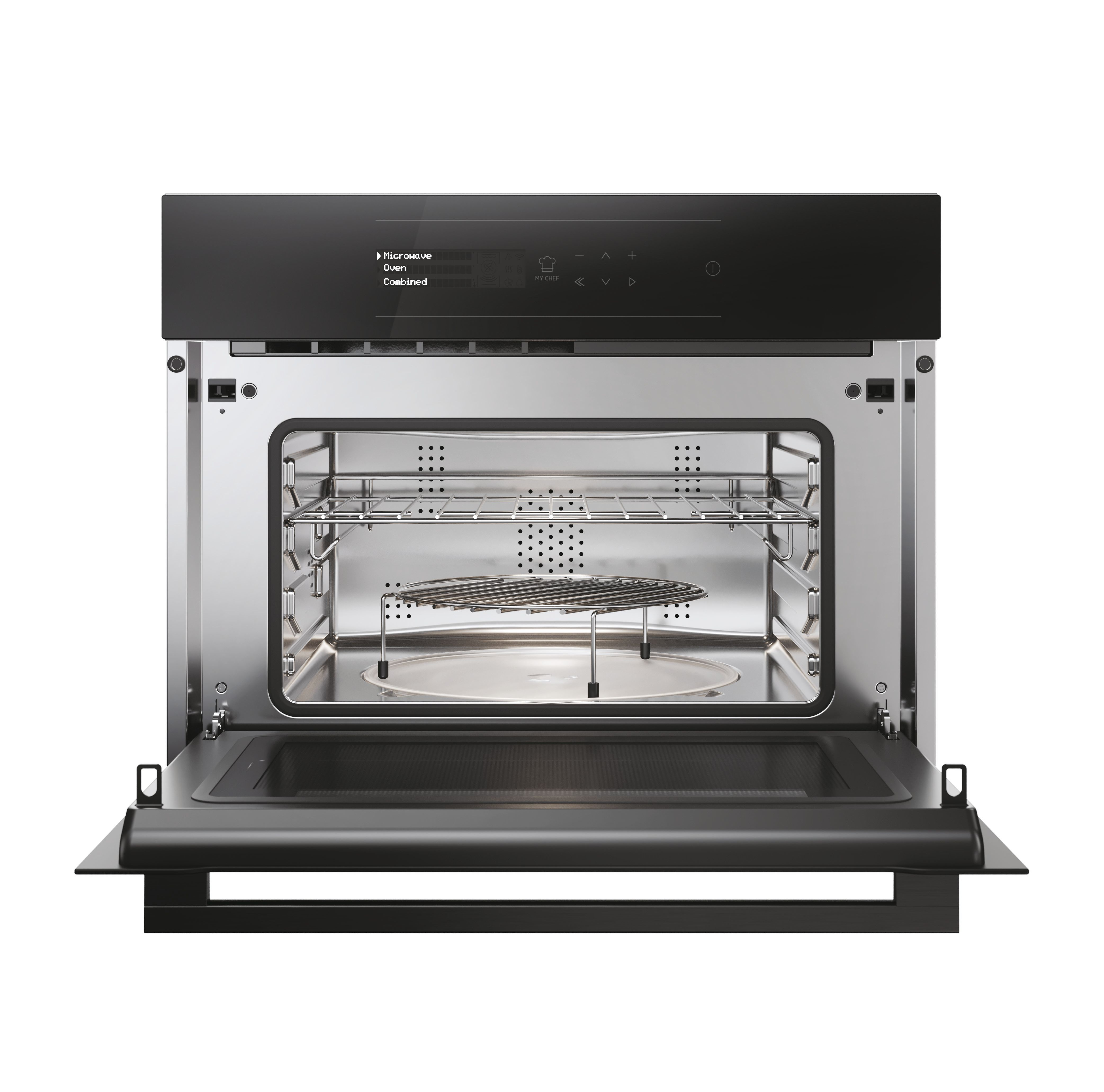 Un forno a microonde aperto con interno in acciaio inox, griglia e pannello di controllo nero. La porta è aperta.