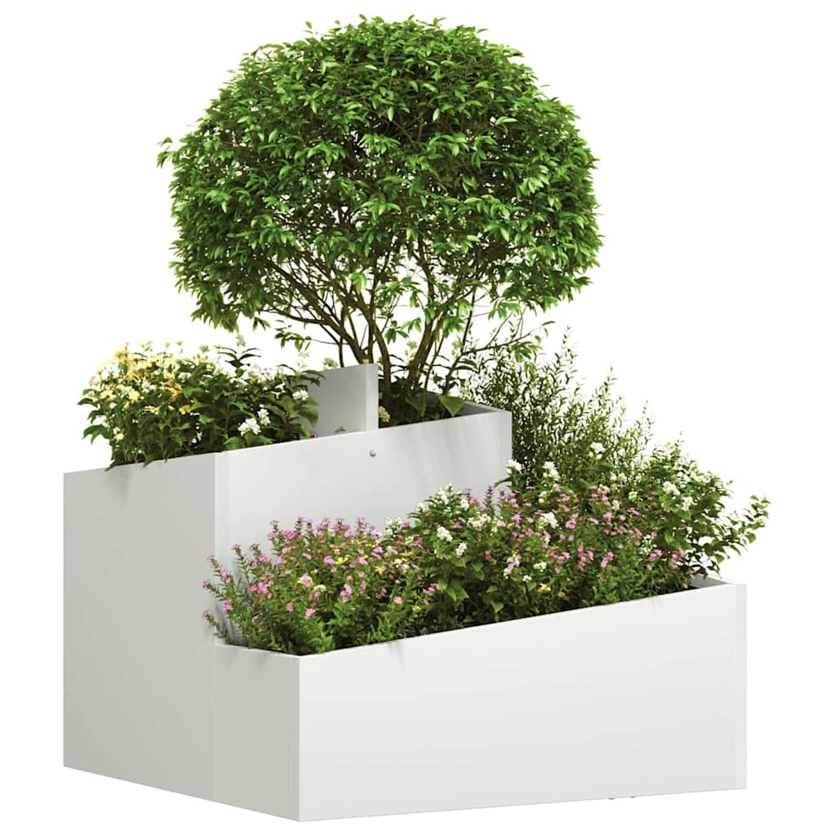 Una fioriera bianca a più livelli con un grande albero verde e vari fiori. La fioriera è piena di fiori e verde colorati.