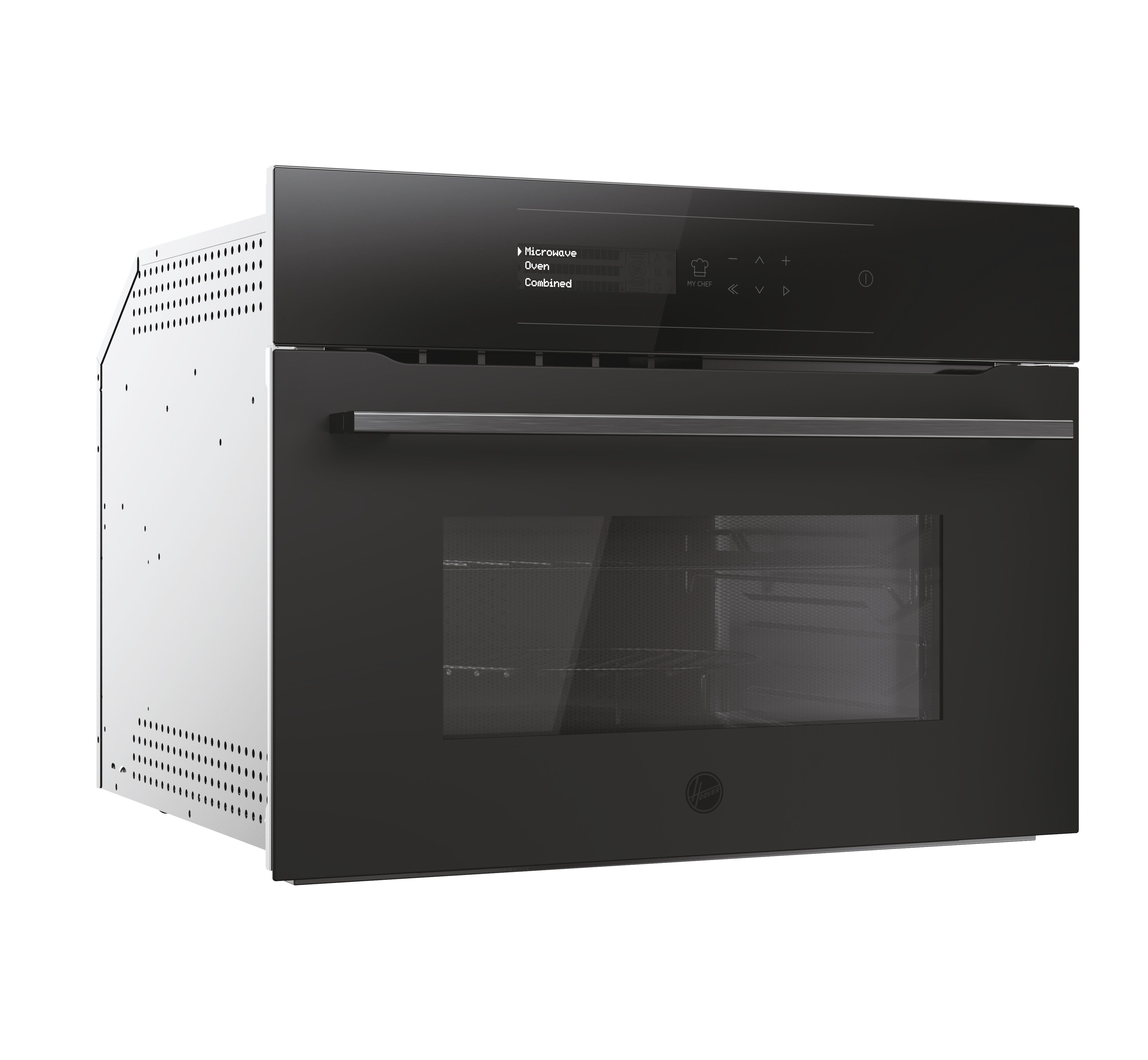 Un forno a microonde nero da incasso con porta in vetro. Il pannello di controllo ha pulsanti e un display. Il forno è su sfondo bianco.