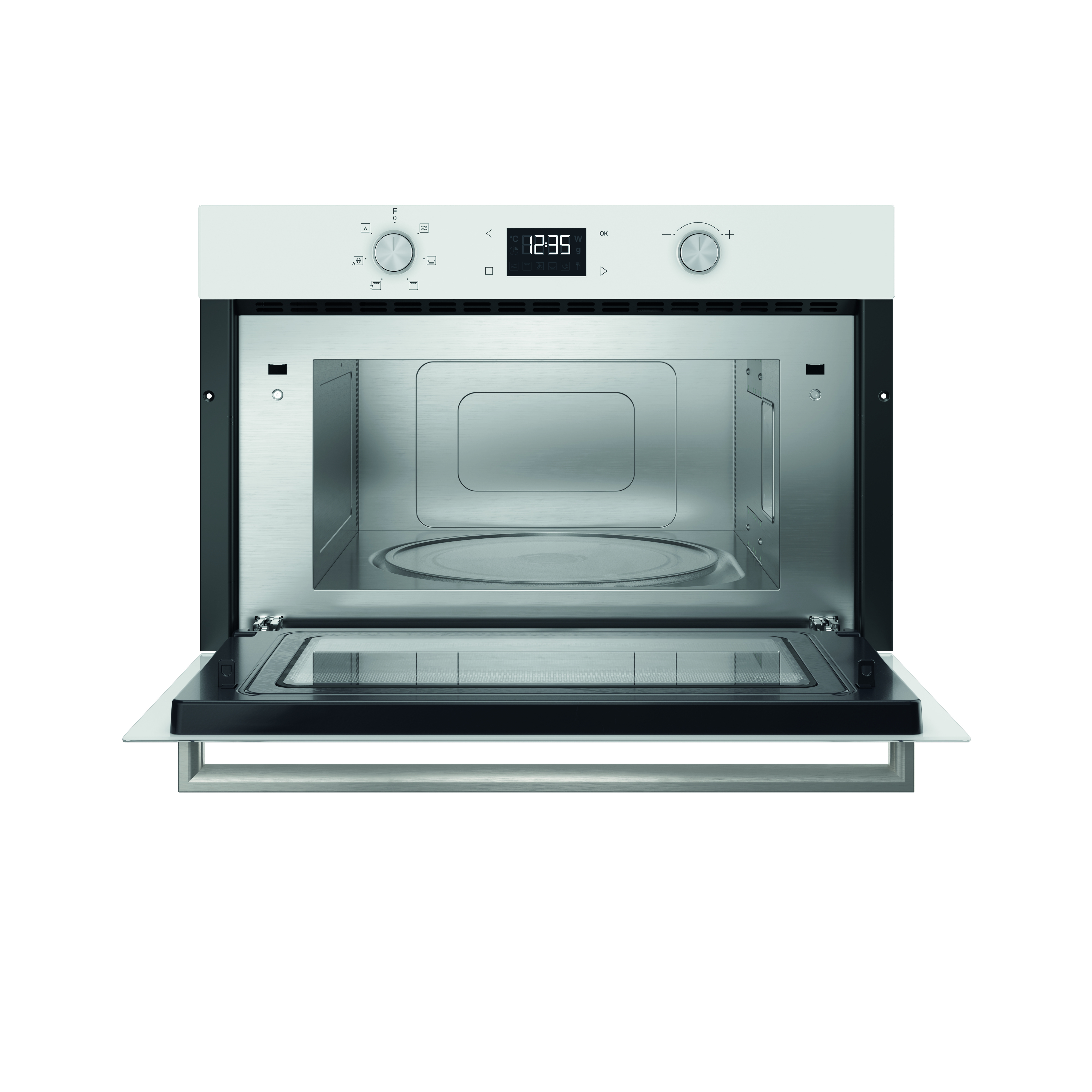 Un forno a microonde bianco con la porta aperta. Il vassoio interno in vetro è visibile.