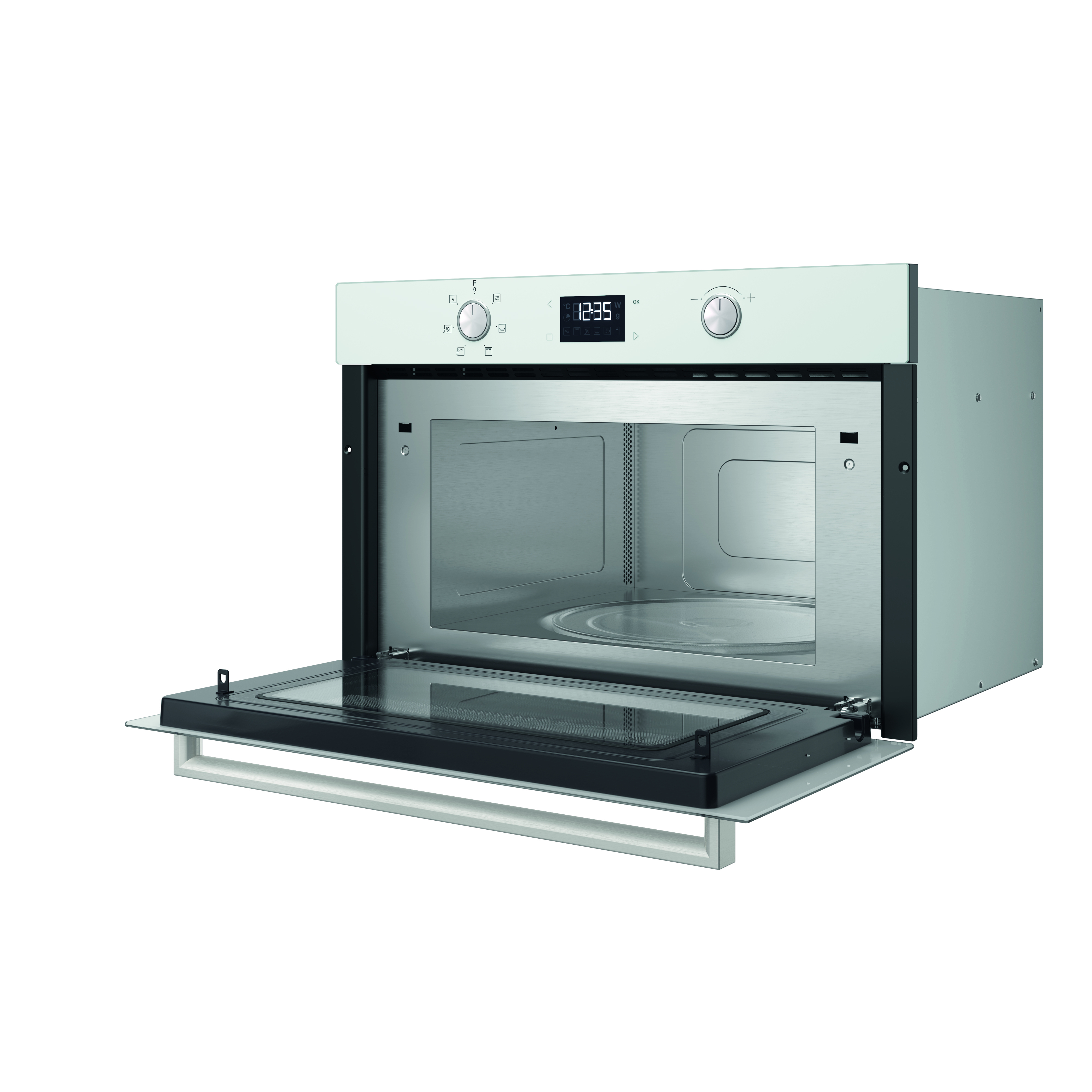 Un forno a microonde da incasso con la porta aperta. È bianco, ha una porta nera e un display digitale che mostra 12:35.