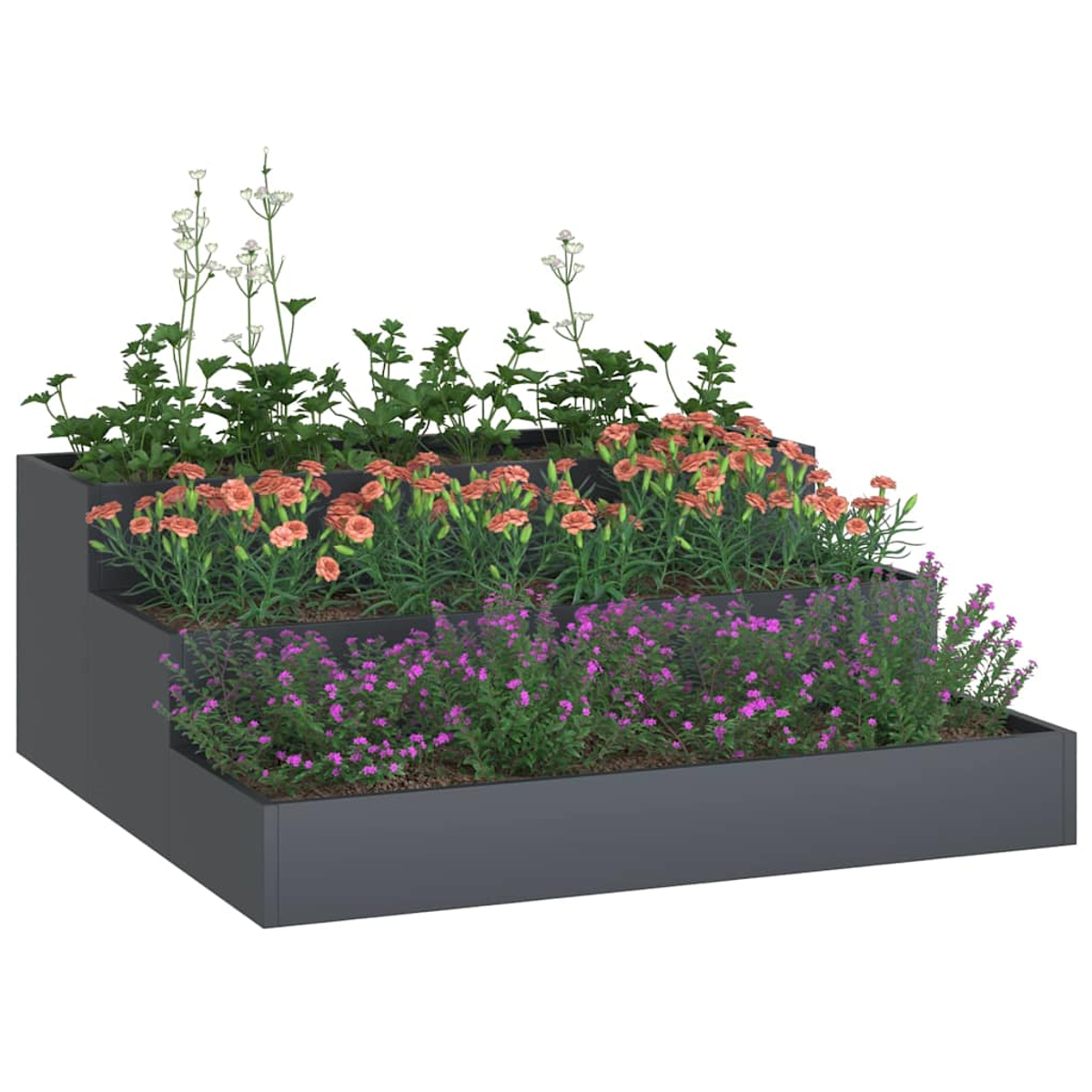 Una fioriera a gradini con strati di fiori di vari colori: pesca, viola e bianco. La scatola è grigio scuro.